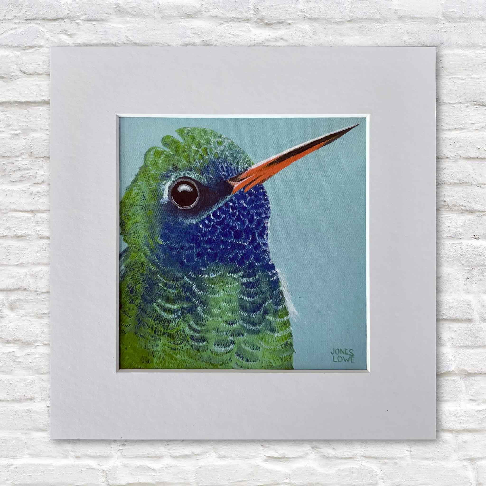 Broad-billed Hummingbird II by Nancy Jones Lowe, a vibrant fine art bird print professionally printed on 100% cotton archival paper and matted to fit a standard 8x8 frame. Available at Gray Man Gallery in Pawleys Island, South Carolina.