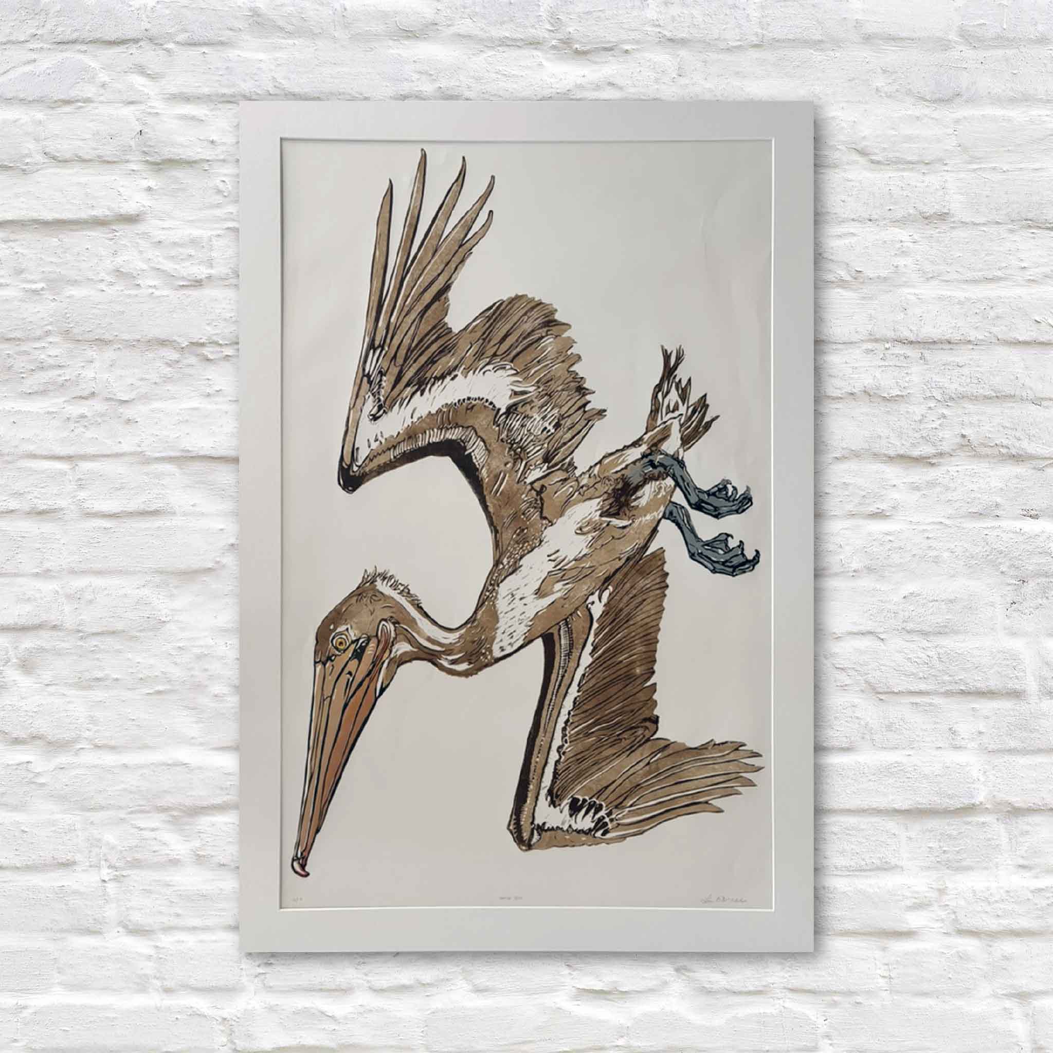 Original signed oil reduction linocut, Nellie Peli, by South Carolina artist Laurie Brownell McIntosh, professionally matted to fit a standard 24x36 frame and available at Gray Man Gallery in Pawleys Island. This hand-pulled original features a brown pelican descending with wings spread wide, showcasing Laurie's expressive carving, intricate linework, and masterful multi-layer reduction linocut technique.
