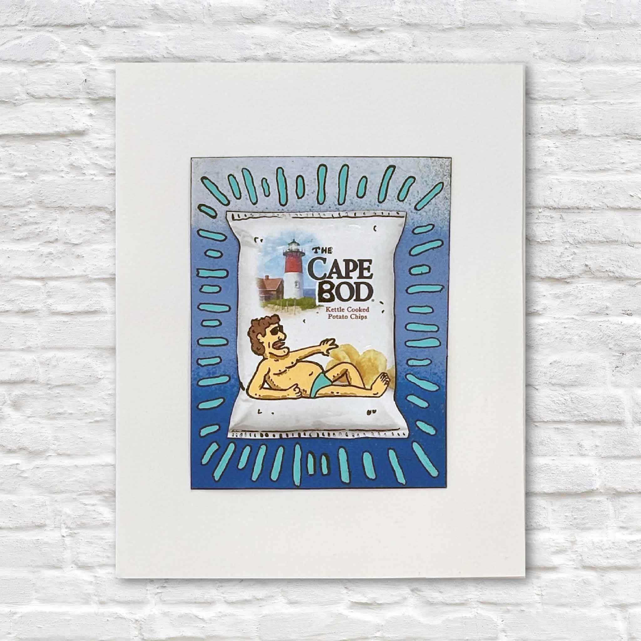 Original mixed media artwork titled Cape Bod Blue by Charleston artist Nick Kawczynski. Hand-painted beachgoer on a reclaimed Cape Cod potato chip box with acrylic and spray paint embellishments. One-of-a-kind coastal artwork matted to fit a standard 8x10 frame and available at Gray Man Gallery in Pawleys Island, South Carolina.