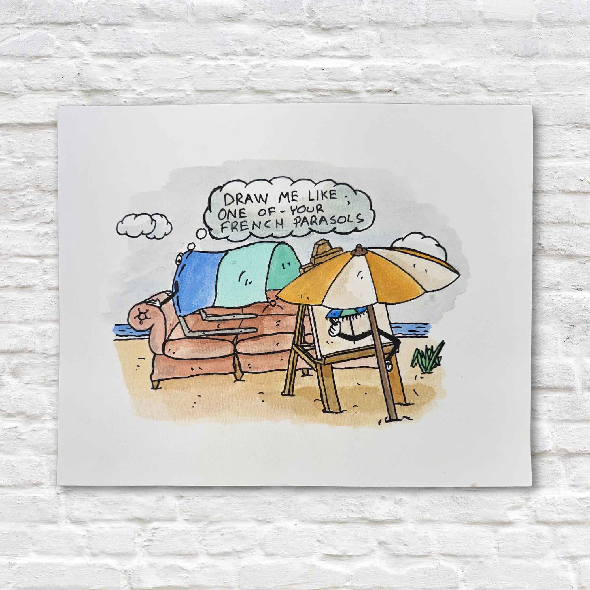 French Parasol + Shibumi by Charleston artist Nick Kawczynski, an original pen and watercolor beach scene featuring a Shibumi asking a traditional beach umbrella “Draw me like one of your French parasols,” a humorous Titanic reference, available at Gray Man Gallery in Pawleys Island, South Carolina.