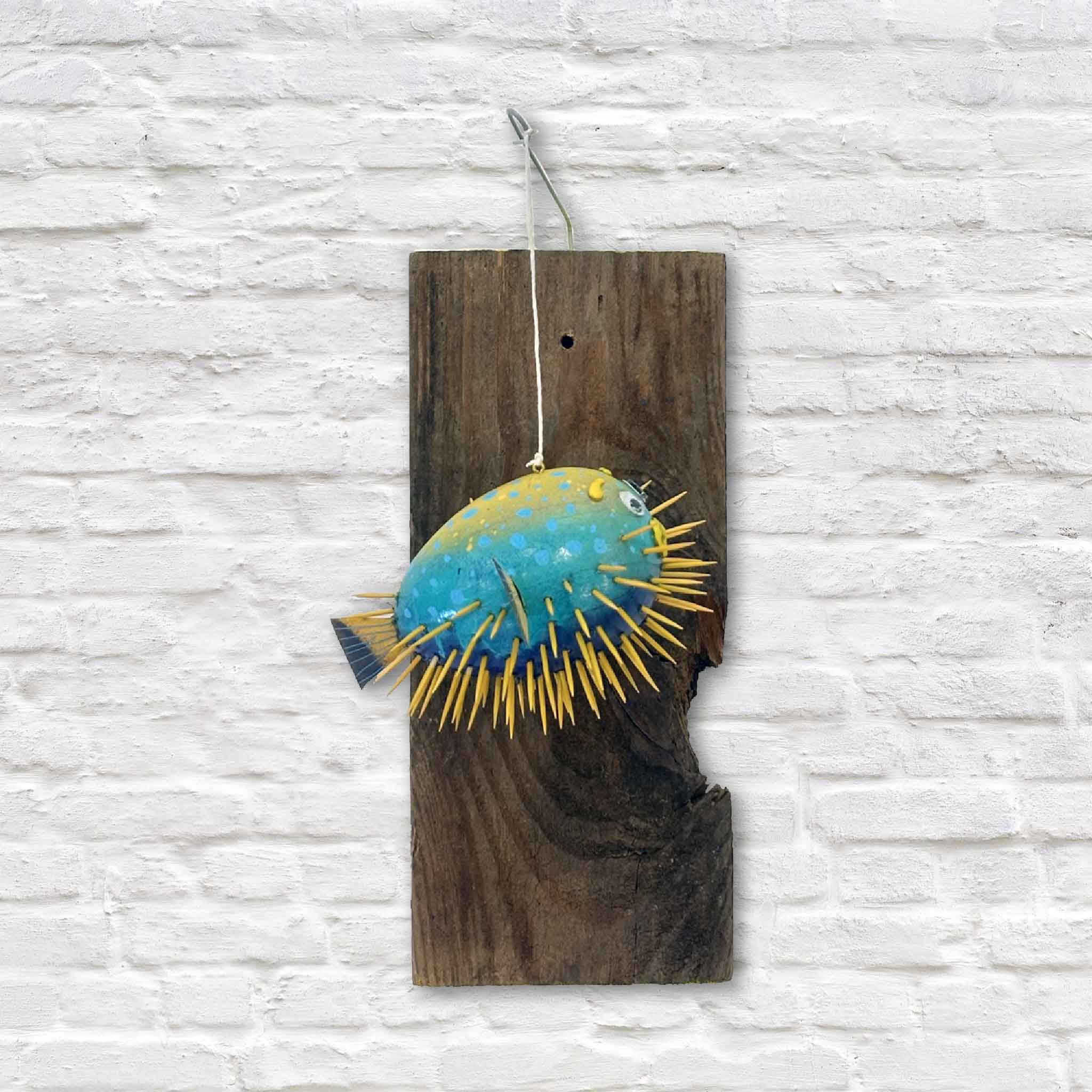 Pufferfish #18 mixed media wall sculpture by Charleston artist Nick Kawczynski featuring a hand-painted papier-mâché pufferfish with painted toothpick spines mounted on reclaimed wood. Available at Gray Man Gallery in Pawleys Island, South Carolina.