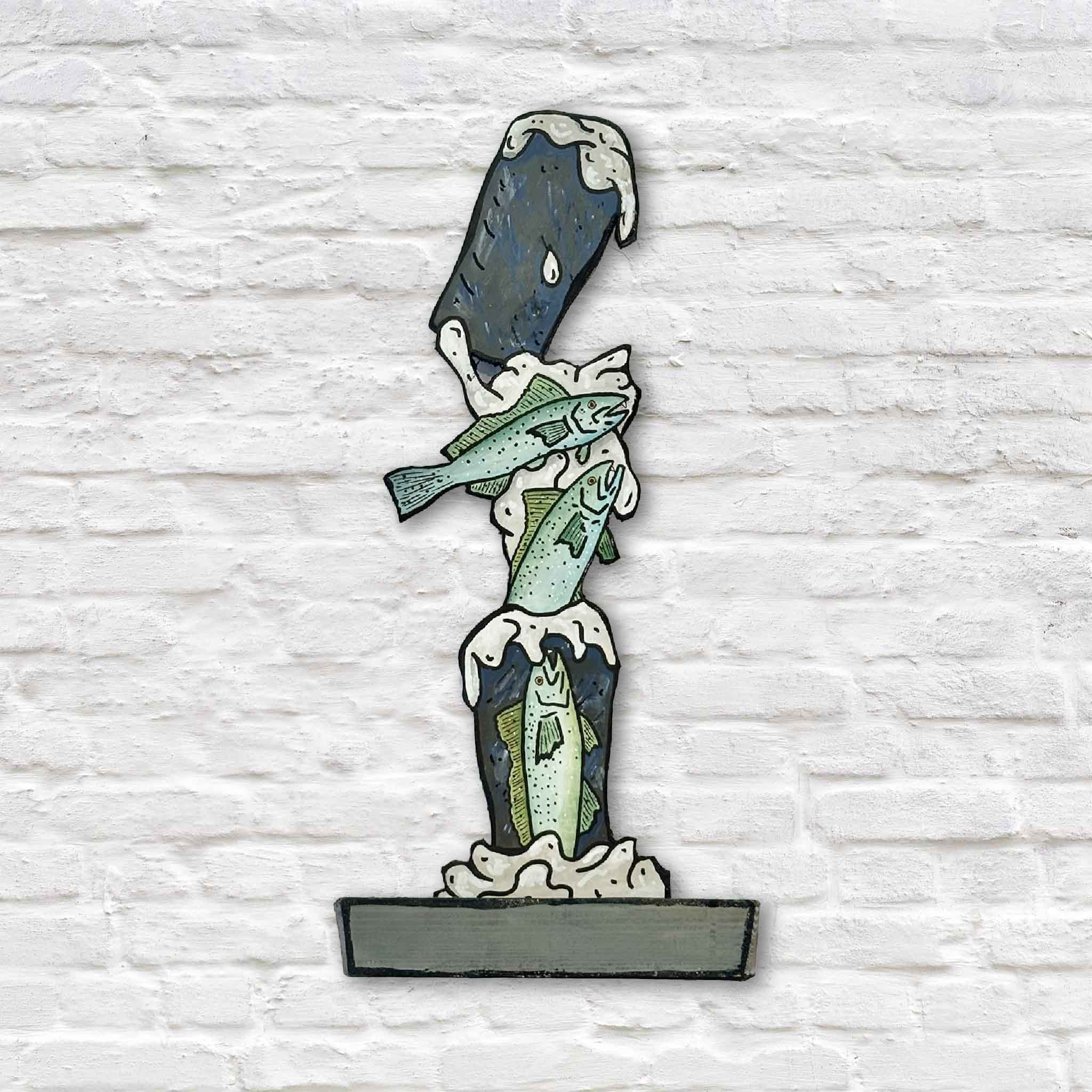 Trouts 'n Stouts, a one-of-a-kind mixed media sculpture by Charleston artist Nick Kawczynski featuring hand-painted trout leaping through foam-topped stout beers, available at Gray Man Gallery in Pawleys Island, South Carolina.