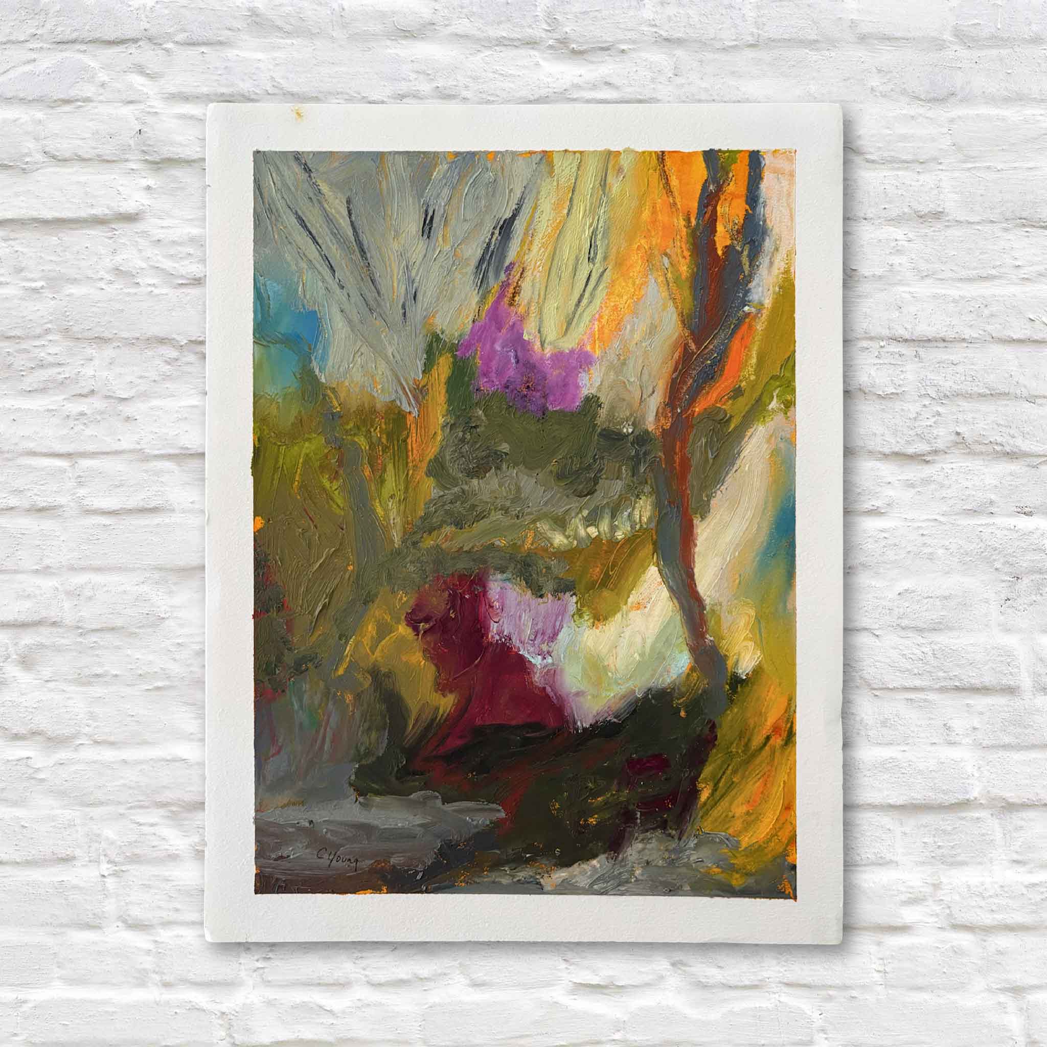 Original mixed media painting titled Night Garden by Caroline Young, featuring layered abstract brushstrokes in deep burgundy, forest green, violet, and glowing orange tones, evoking a moody twilight landscape. This 12x16 contemporary artwork captures movement, texture, and atmosphere, and is available at Gray Man Gallery in Pawleys Island, South Carolina.