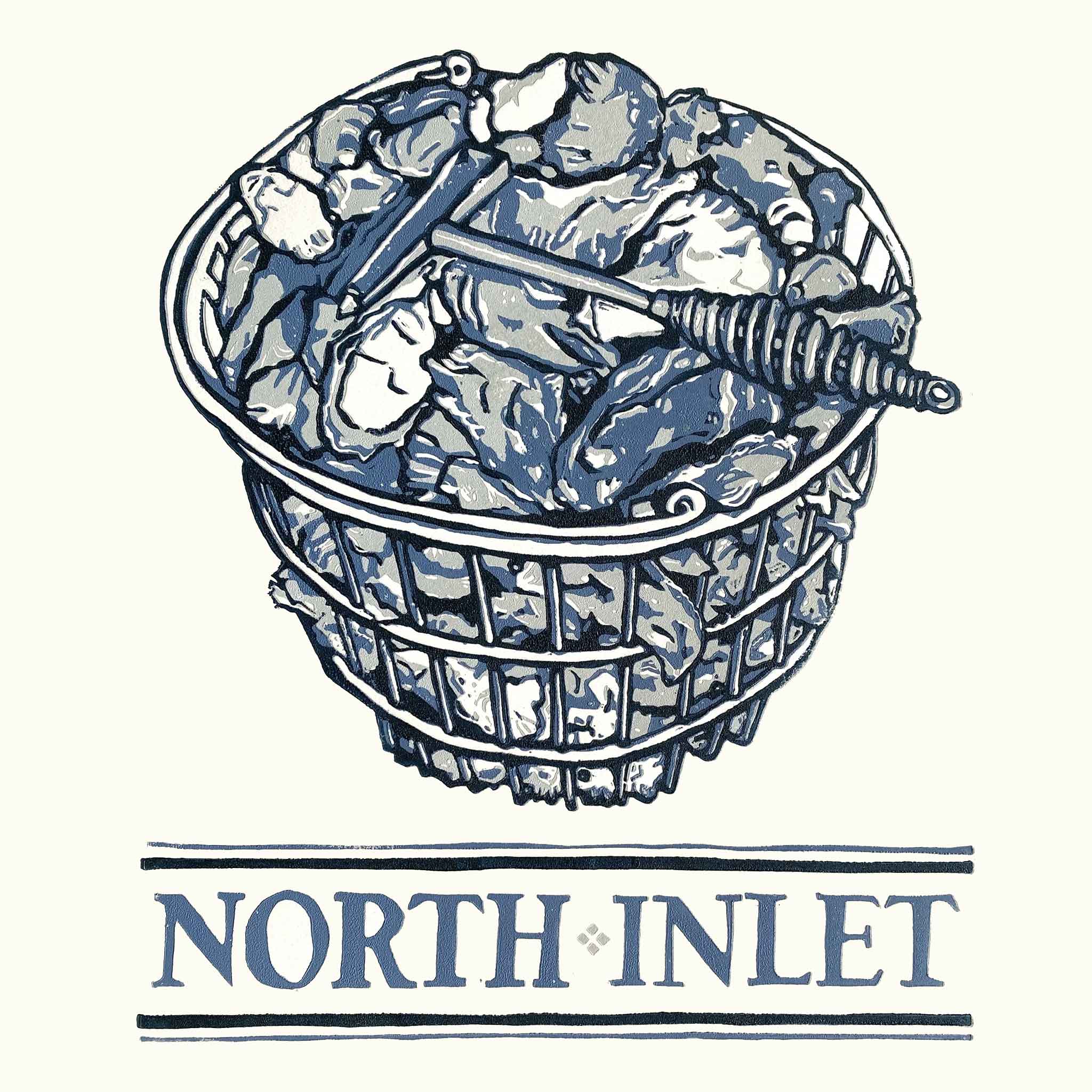 A basket brimming with oysters sits above bold North Inlet lettering—an homage to salty air, local rituals, and the simple joy of gathering around a steaming pile of shells. original linocut art