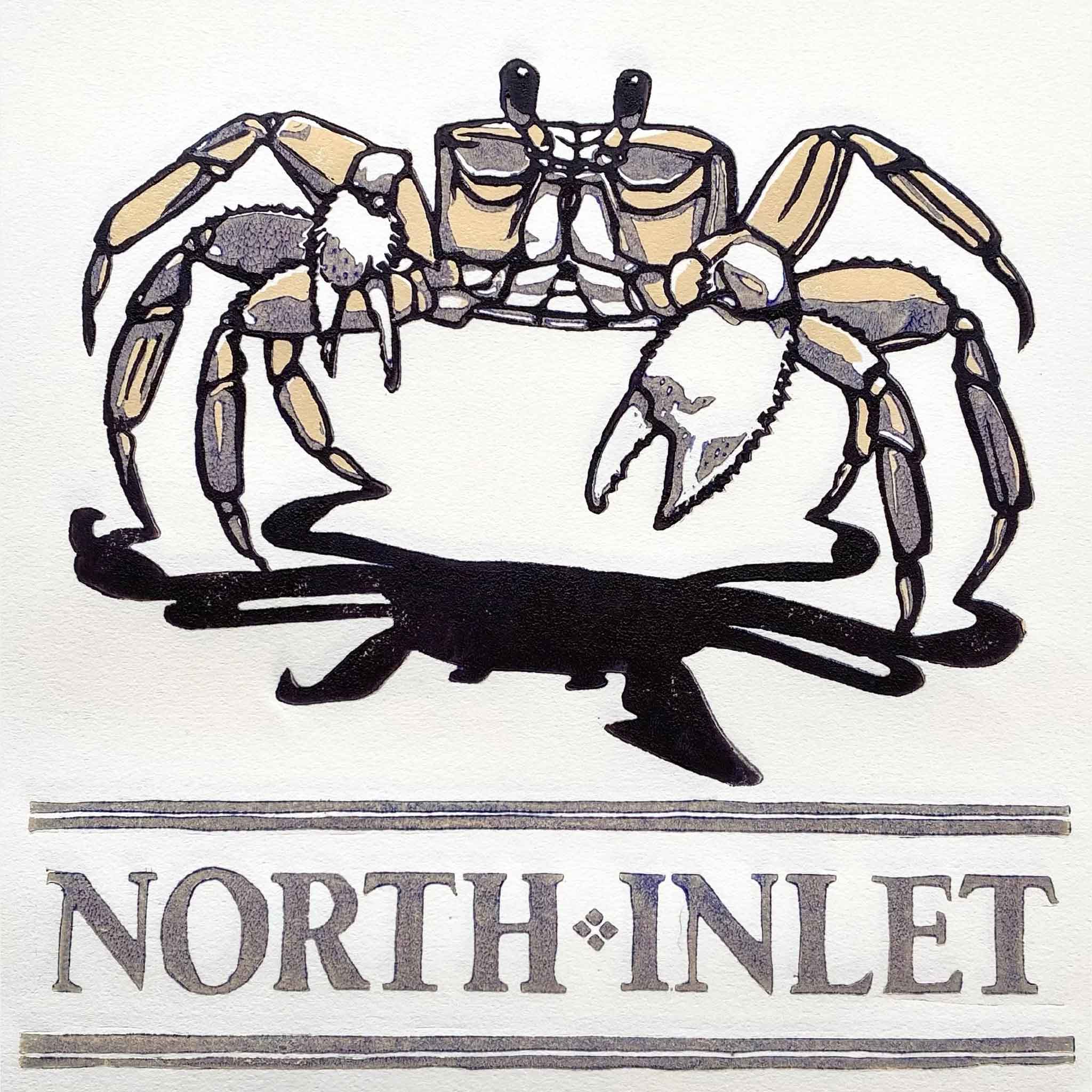 ghost crab holds court above a bold North Inlet emblem in this original linocut by lowcountry artist