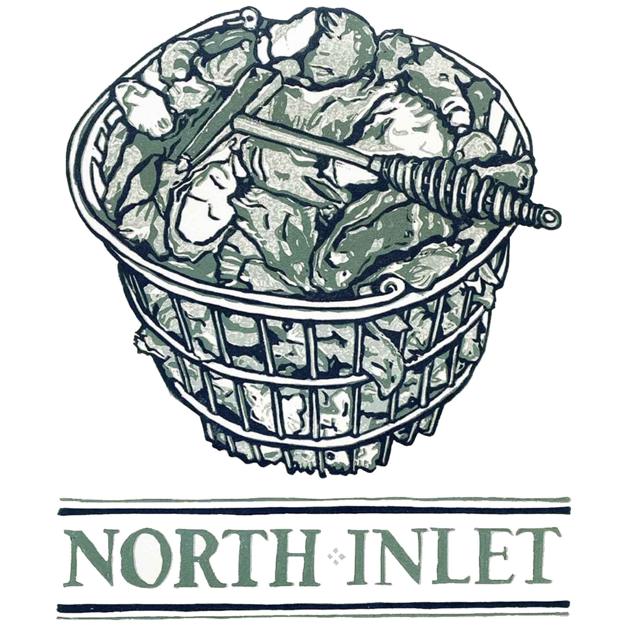 A basket brimming with oysters sits above bold North Inlet lettering—an homage to salty air, local rituals, and the simple joy of gathering around a steaming pile of shells. original linocut.