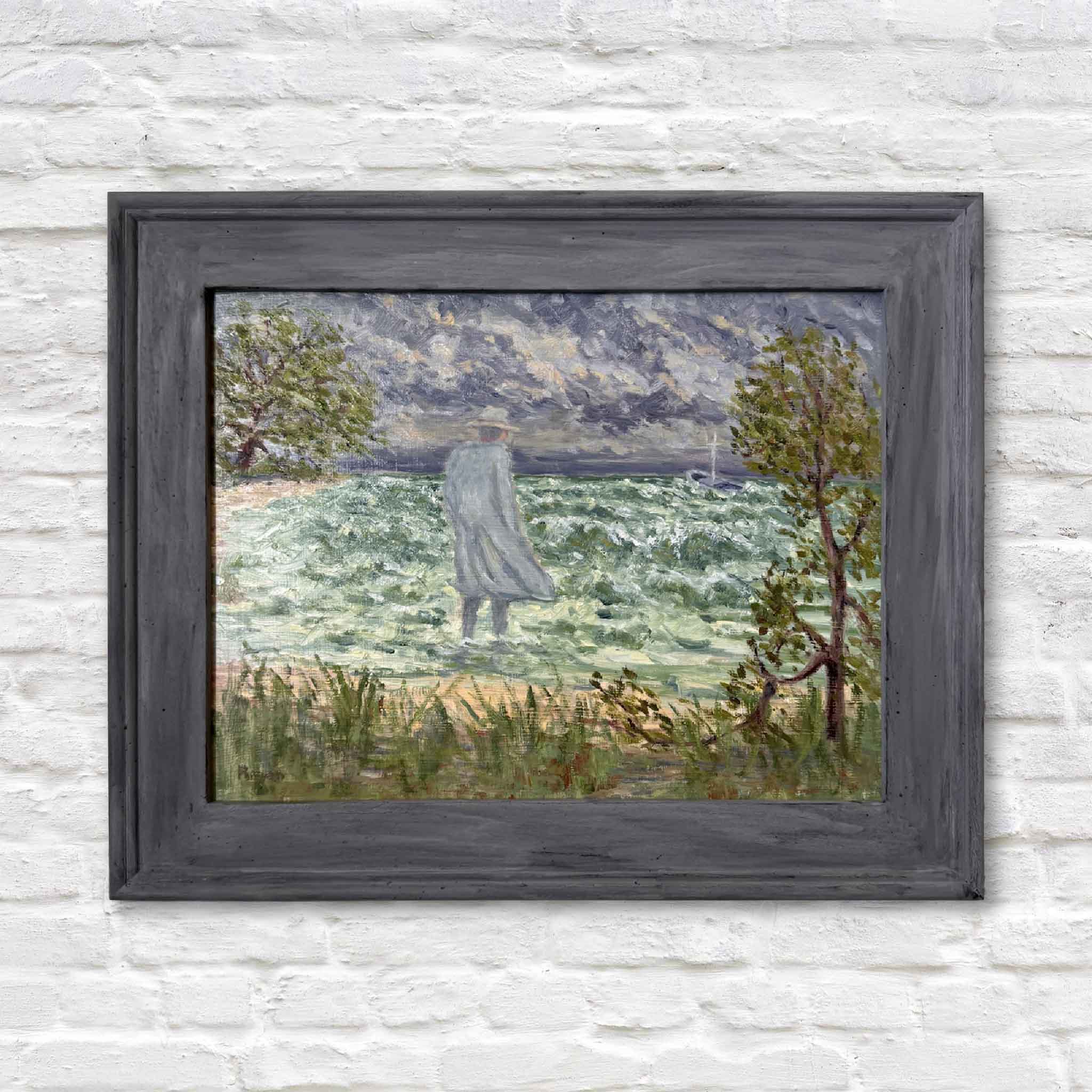 The Gray Man Returns oil painting by Michael Rogan depicting the legendary ghost of Pawleys Island standing by the sea under a stormy sky, framed in gray wood.
