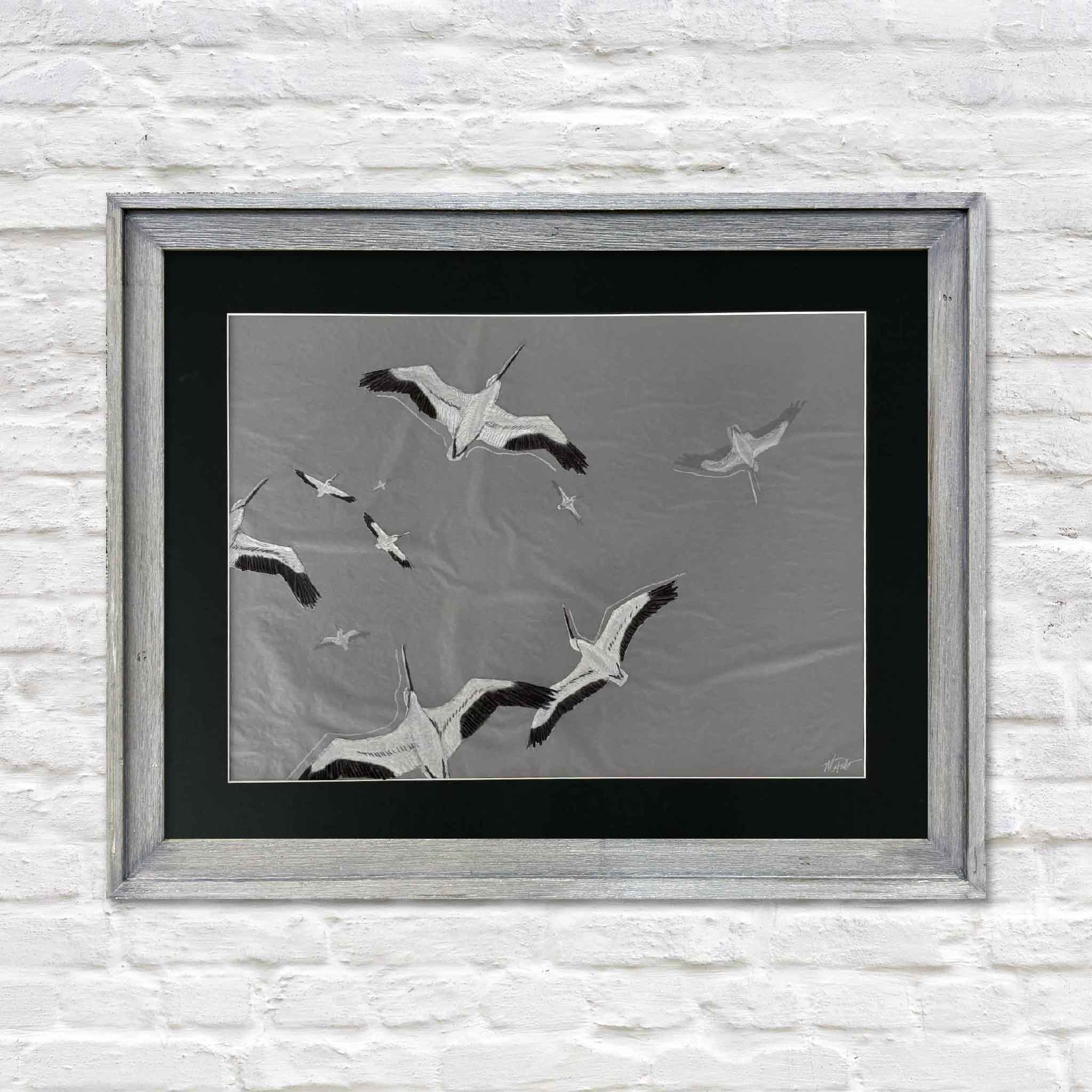 Passing Through by Maggie Pelton displayed in one of Gray Man Gallery's standard 22x28 ready-made frames, demonstrating how the original mixed-media artwork fits a readily available frame without requiring custom sizing.