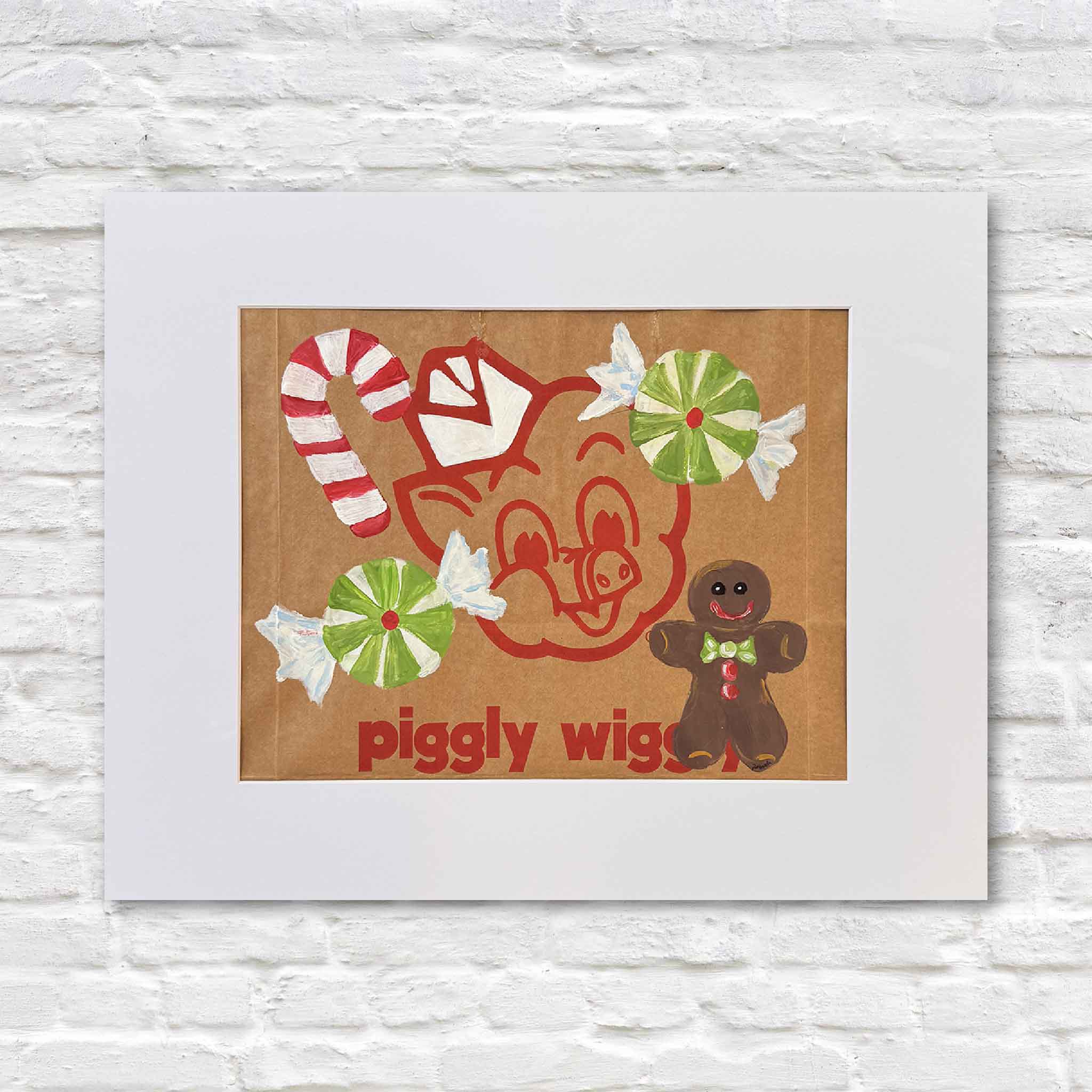 Original holiday-themed Piggly Wiggly painting by Jenny Reynolds featuring candy canes, peppermint candies, and a gingerbread man, matted to 20x16 and displayed at Gray Man Gallery.