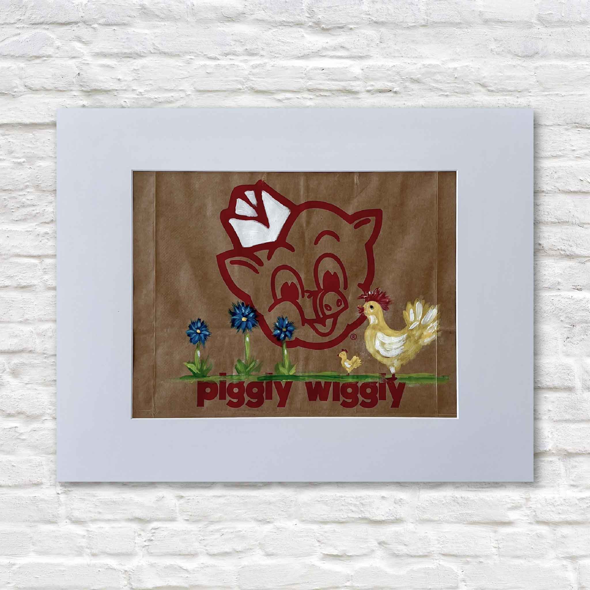 Piggly Wiggly Mama Hen and Chick painting by local artist Jenny Reynolds featuring pig logo, yellow hen, single chick, and flowers on grocery bag at Gray Man Gallery