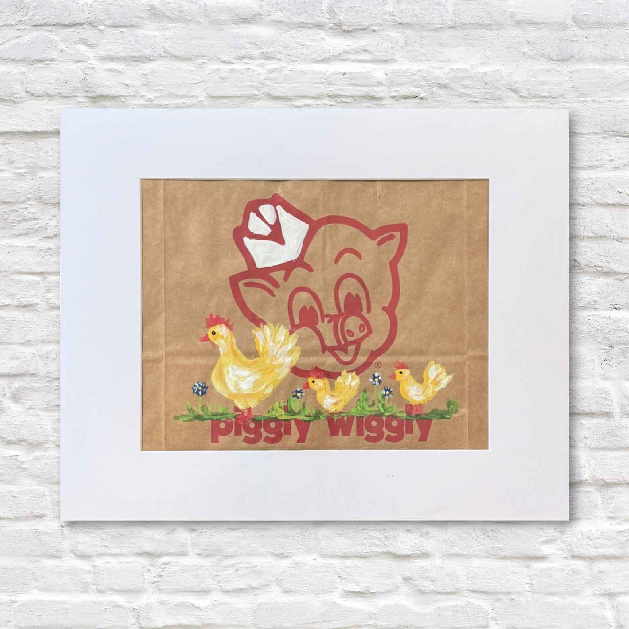 Hand-painted “Piggly Wiggly: Mama Hen & Chicks” artwork by Jenny Reynolds, featuring a hen and chicks on an authentic Piggly Wiggly grocery bag, matted to 20x16.