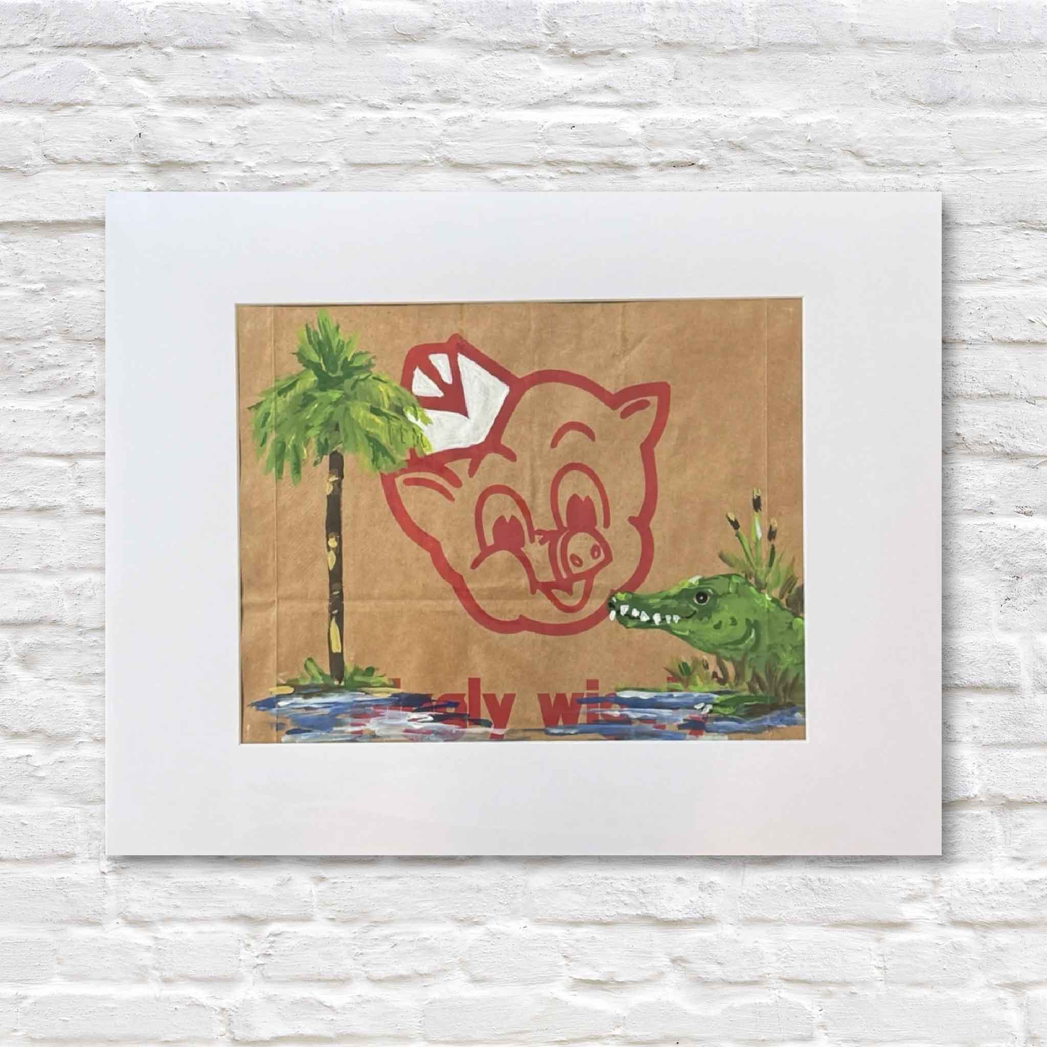 Original Piggly Wiggly artwork by Jenny Reynolds featuring the pig mascot, a palmetto tree, and a gator, matted in white.