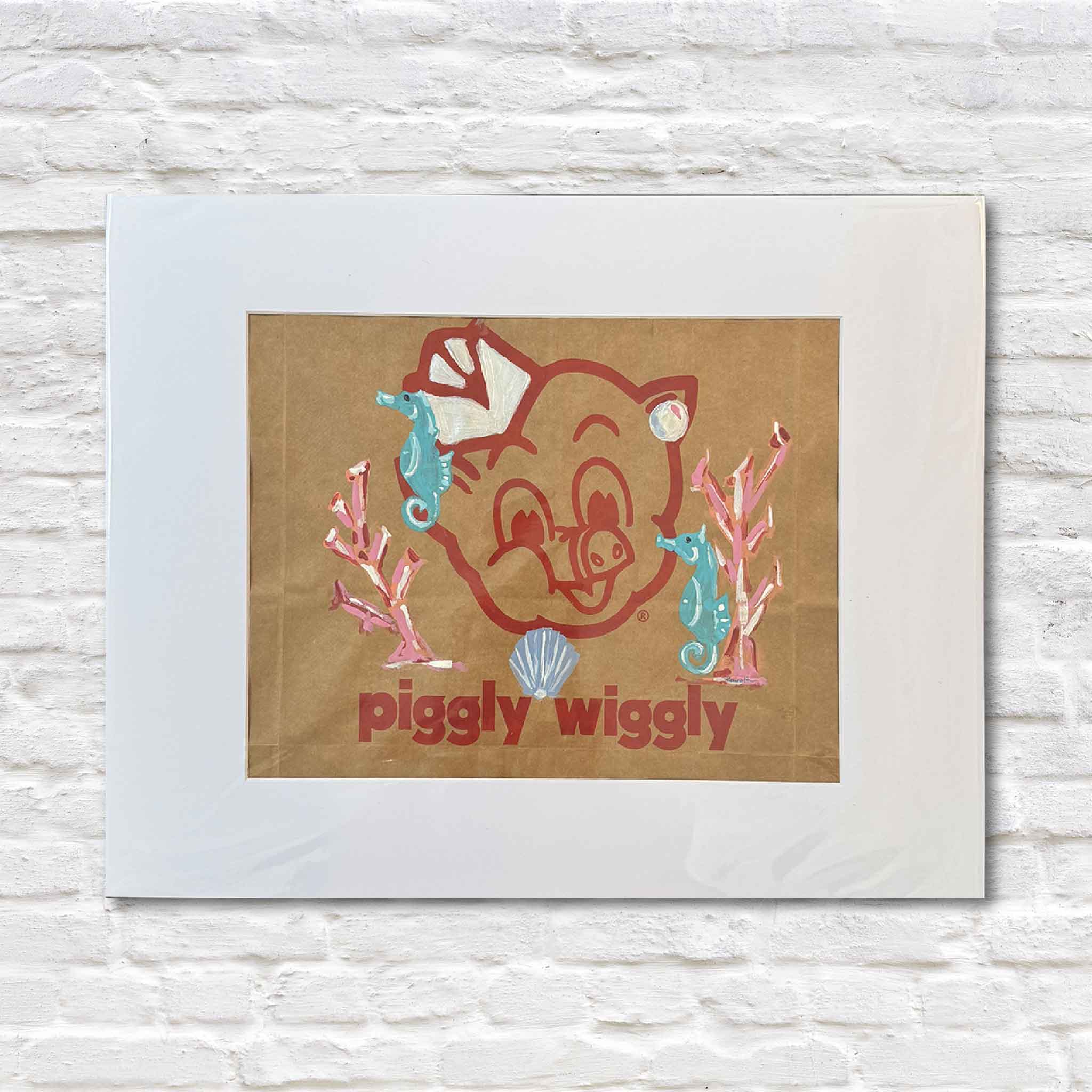 Hand-painted Piggly Wiggly artwork featuring turquoise seahorses, pastel coral, and a blue shell on an authentic grocery bag, matted to 20x16.