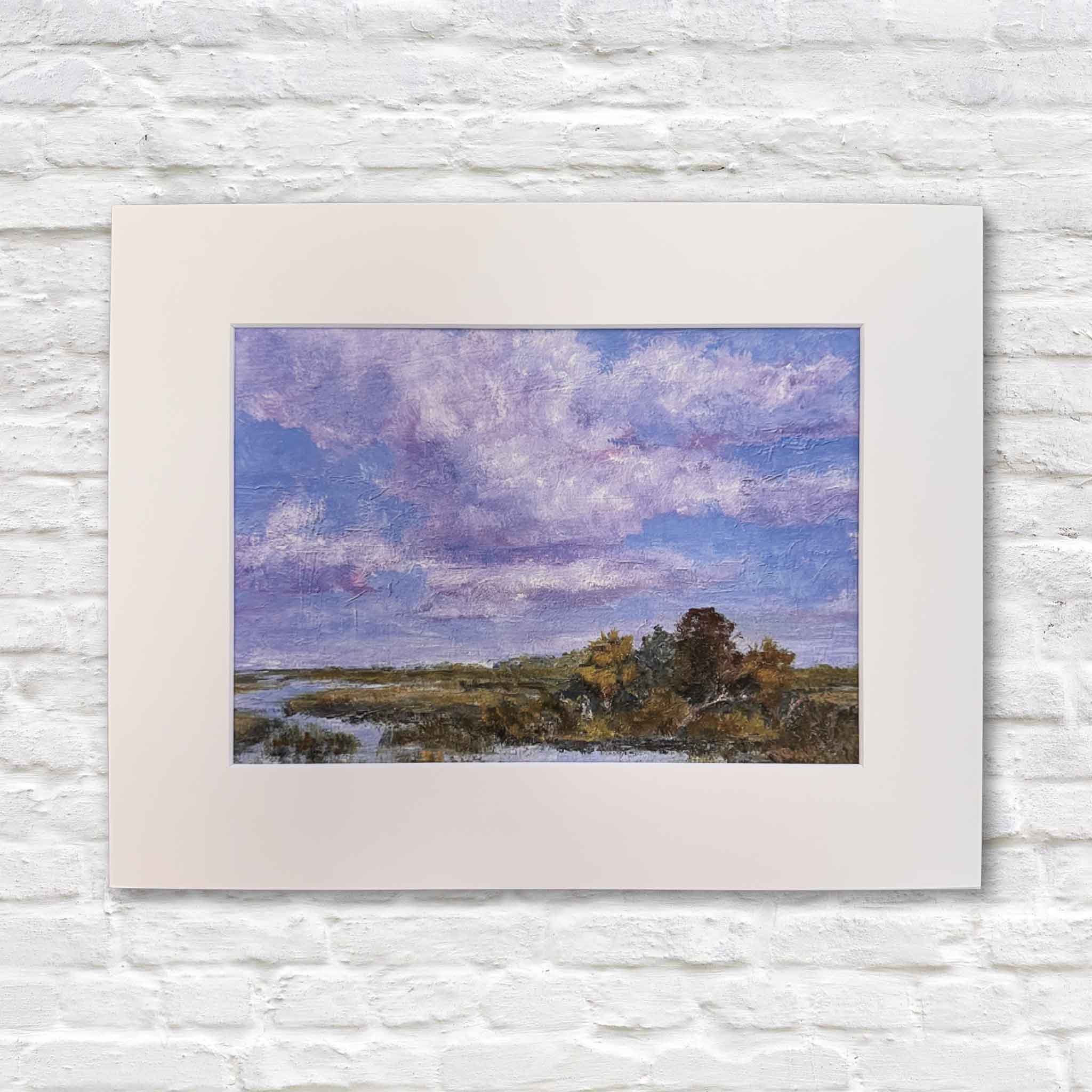 Purple Majesty fine art giclée print by Jeanne O’Neal matted to 11x14, showcasing a glowing South Carolina Lowcountry marsh scene in tones of purple, blue, rose, and gold, exclusive to Gray Man Gallery in Pawleys Island.