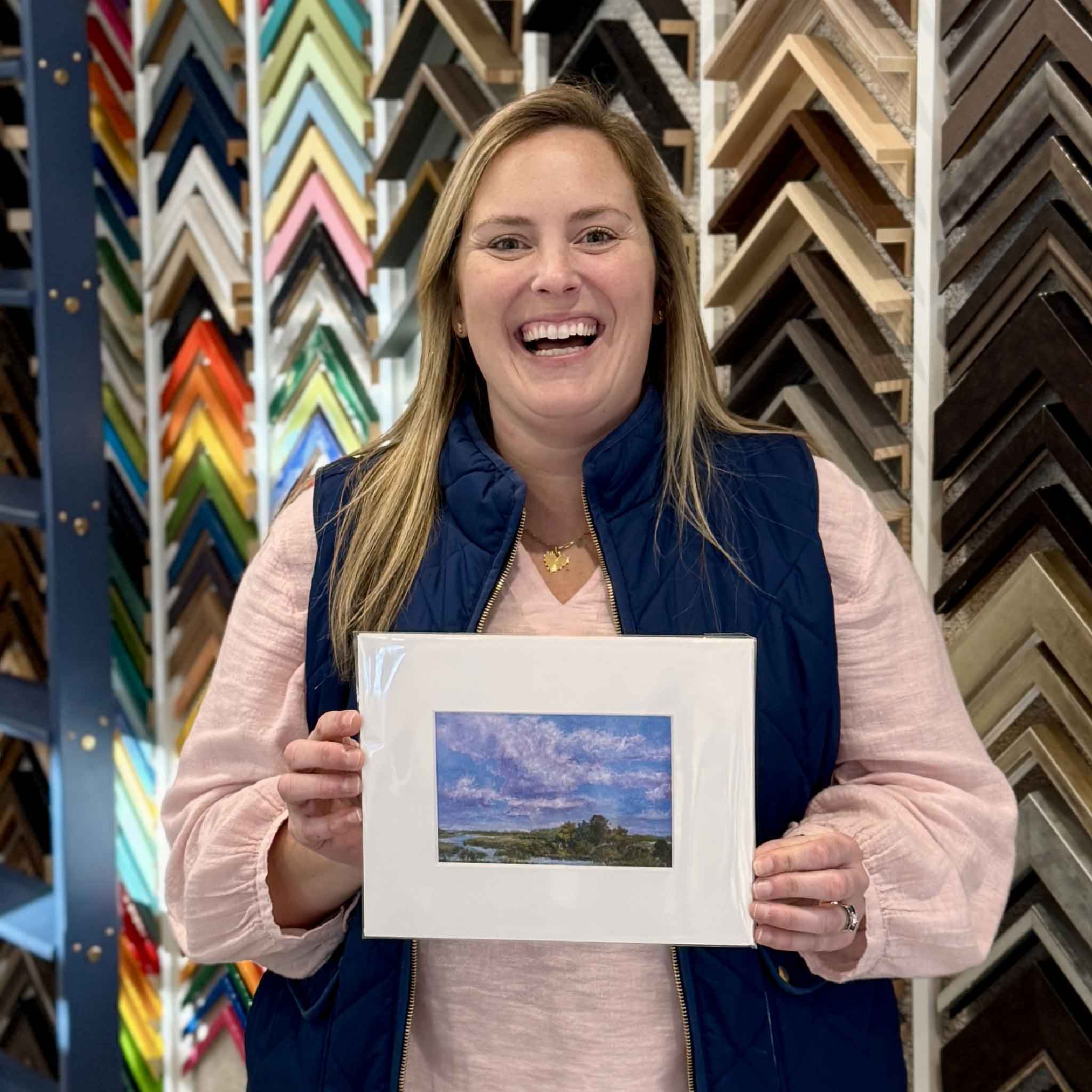 Jeanne O’Neal Purple Majesty fine art giclée print matted to 8x10 held in Gray Man Gallery frame shop Pawleys Island, featuring lavender and violet Lowcountry marsh sunset with dramatic cloudscape.