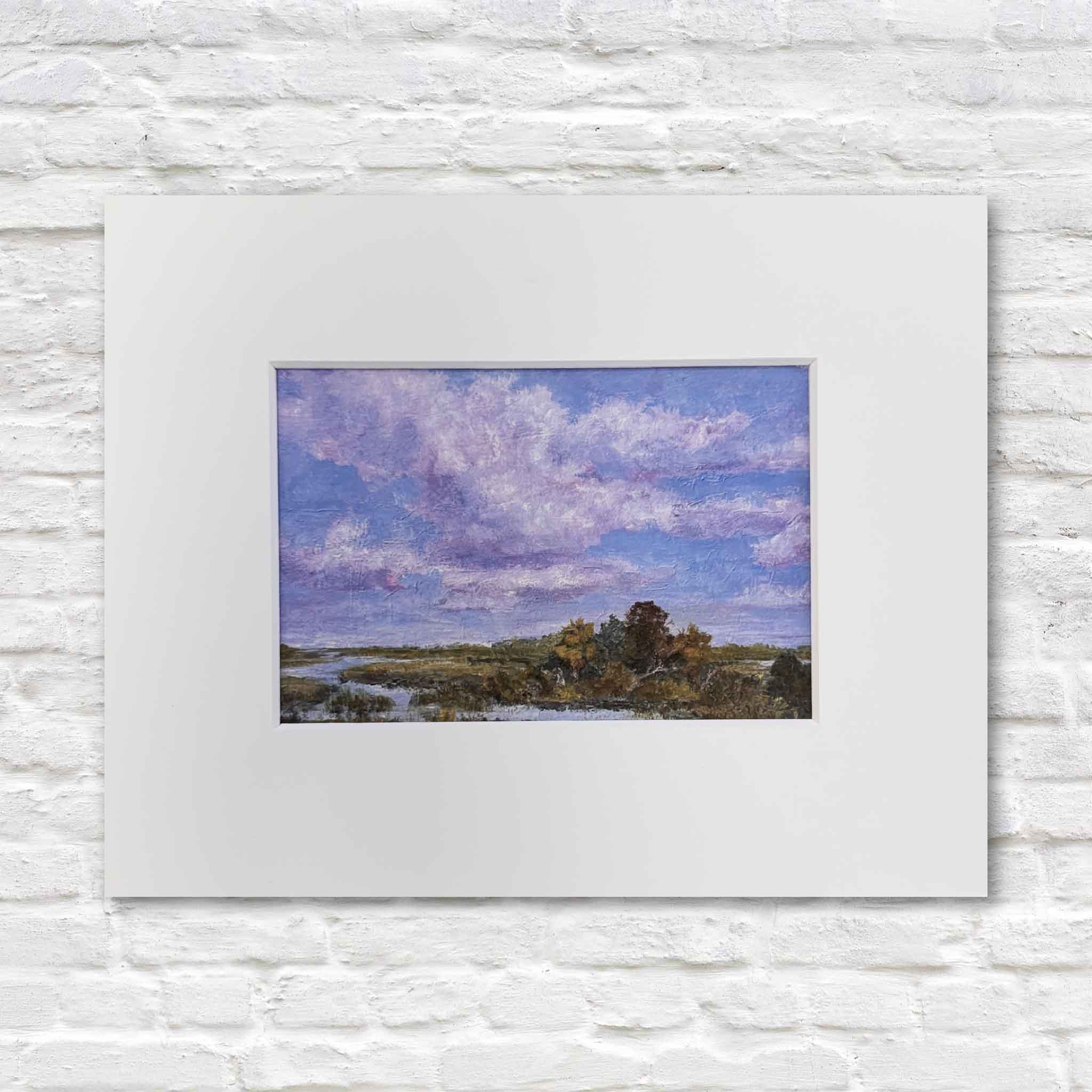 Purple Majesty fine art giclée print by Jeanne O’Neal matted to 8x10, depicting a lavender and violet Lowcountry marsh sunset with tidal creek and expansive cloud-filled sky, available at Gray Man Gallery Pawleys Island.