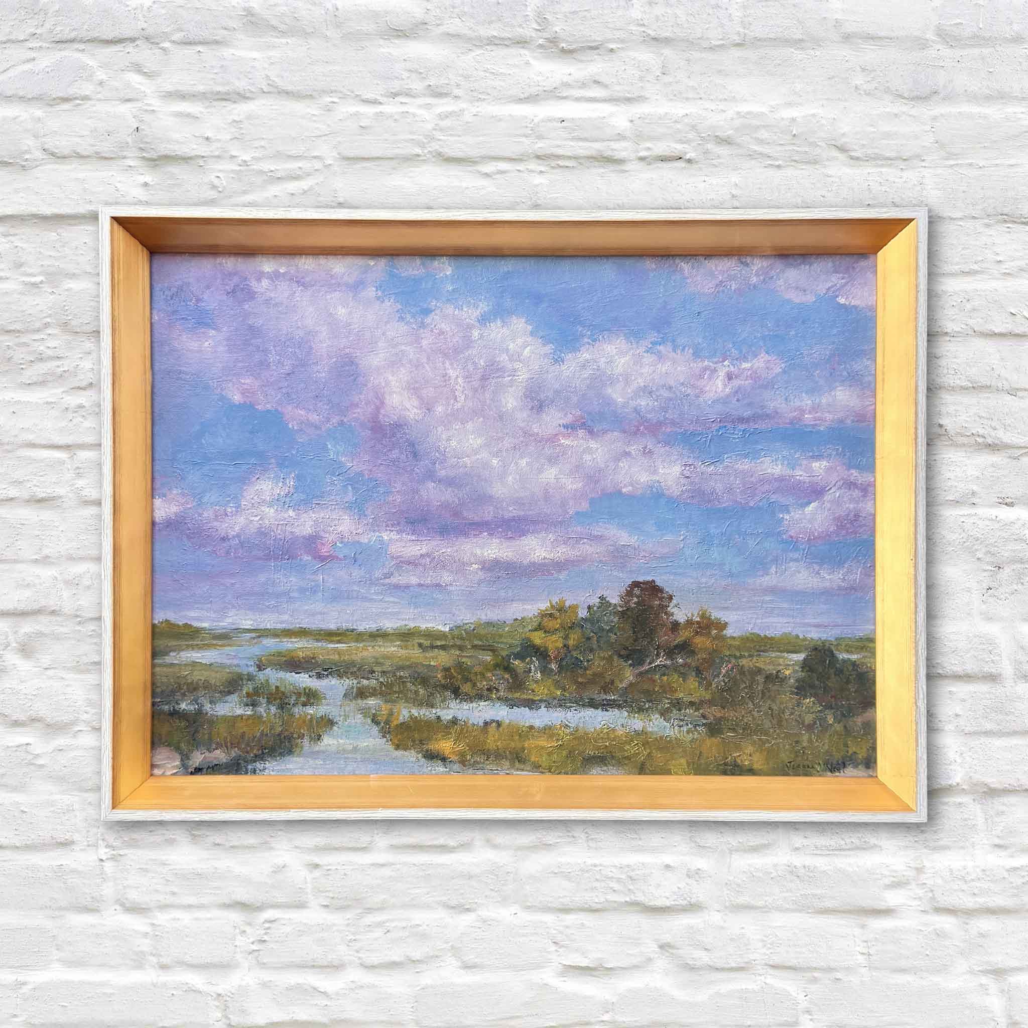 Purple Majesty, an original oil painting from Jeanne O’Neal’s Divine Connection series, featuring a Lowcountry marsh and lavender sky, 12x16 framed in gold at Gray Man Gallery in Pawleys Island, South Carolina