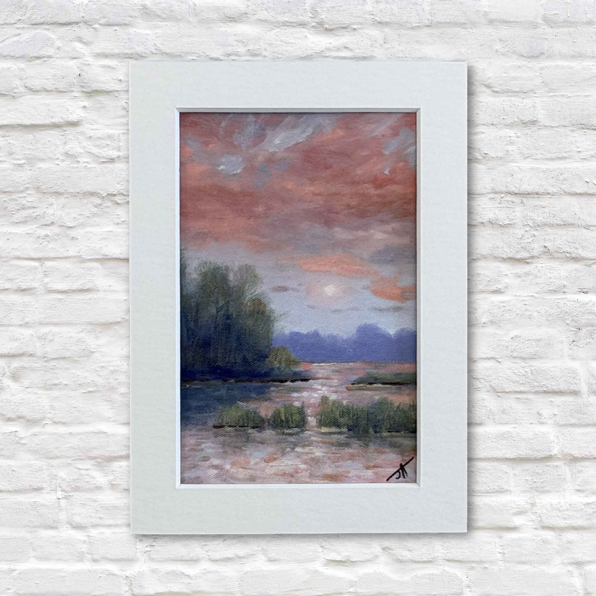 Quiet After the Storm is a small fine art print by Jamie Arnold, depicting a peaceful Lowcountry marsh at dusk with soft pastel skies, matted to 5x7 to fit a standard frame.