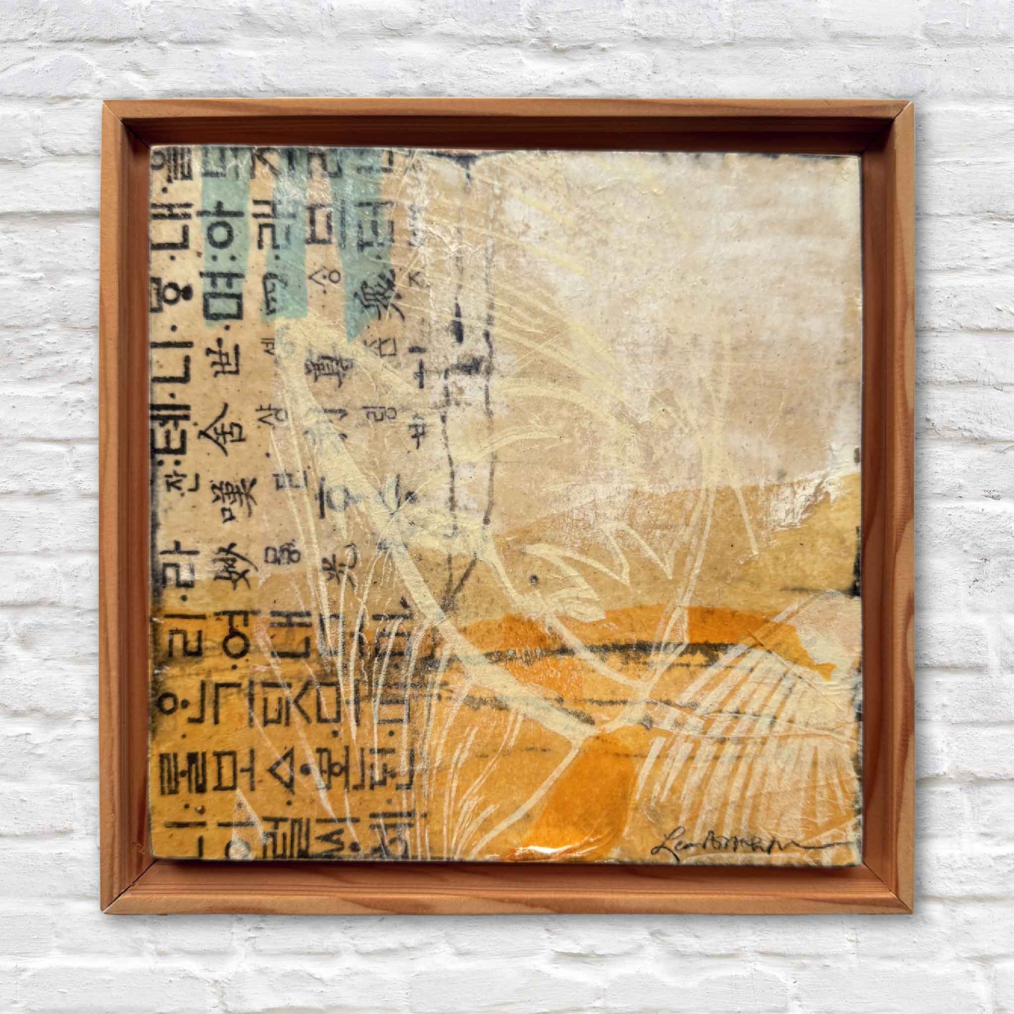 A small 8x8 mixed-media abstract from The Residuals collection featuring layered Korean characters, warm ochres, and etched texture, framed in a rustic wooden floater frame.