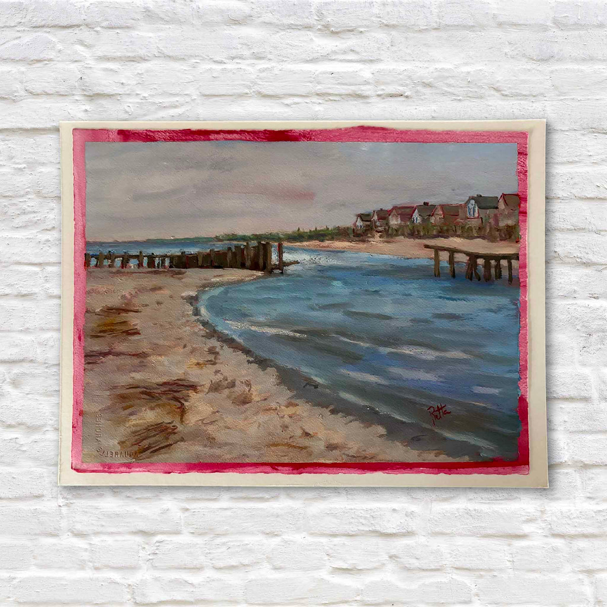 Broken Groin South End #213 original oil on paper by local artist Retta Dotterer featuring a South Carolina beach, blue water, weathered wooden groins and coastal homes with a hand-painted pink border, available at Gray Man Gallery in Pawleys Island.