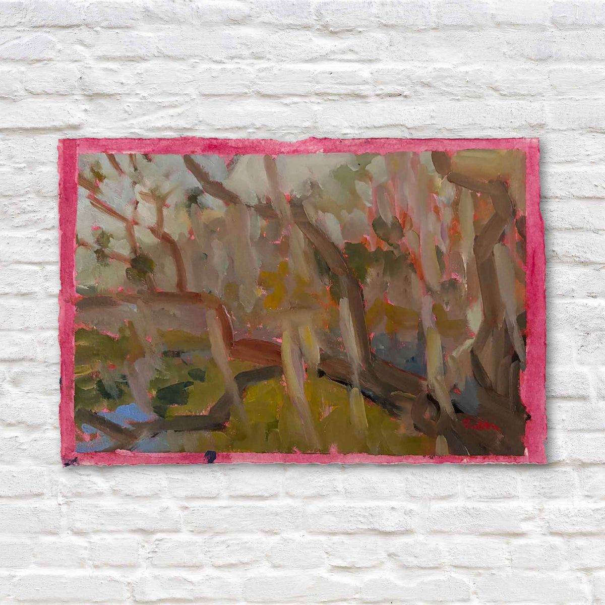 Coastal Oak #209 original oil on paper by local artist Retta Dotterer featuring abstracted Lowcountry live oak trunks and branches in earthy greens, browns and pink with a hand-painted coral border at Gray Man Gallery in Pawleys Island, South Carolina.