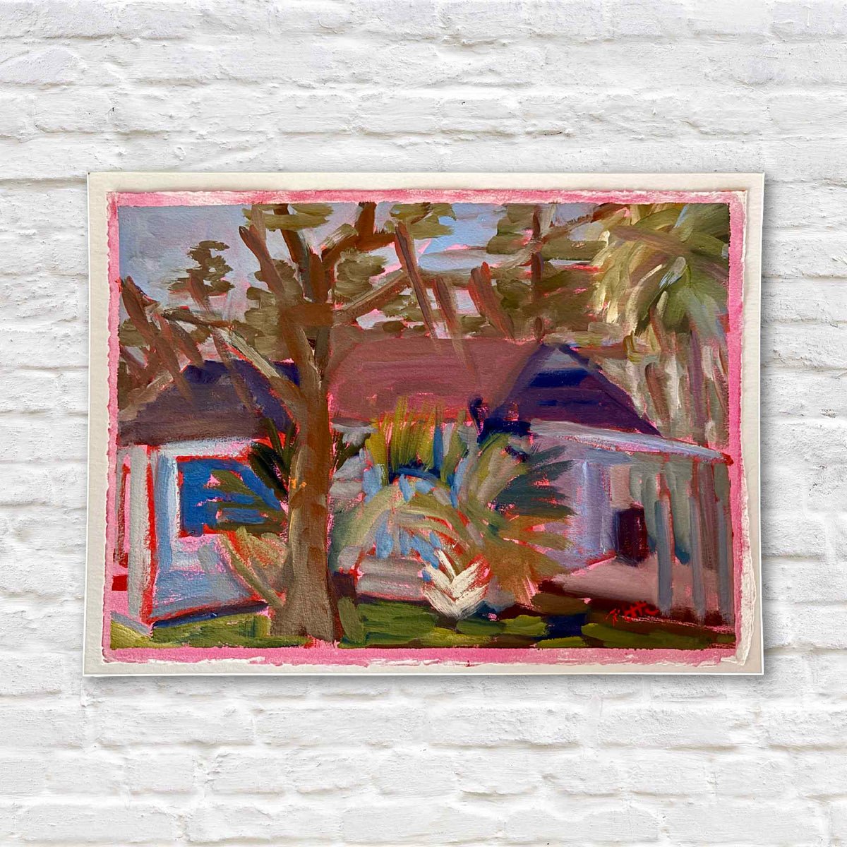 Jamie’s House #214 original oil on paper by local artist Retta Dotterer featuring an expressive Lowcountry woodland of twisting trees, layered foliage and earthy greens with a hand-painted pink border at Gray Man Gallery in Pawleys Island.