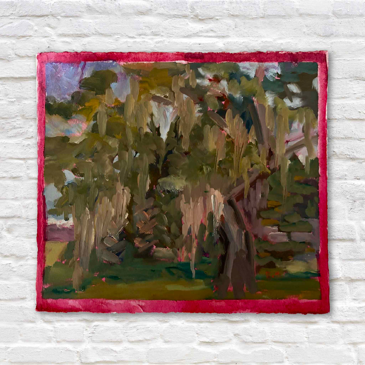 Magnolia Cemetery I #218 original oil on paper by local artist Retta Dotterer depicting moss-draped trees and layered foliage at historic Magnolia Cemetery in Charleston, South Carolina, with her signature hand-painted pink border, available at Gray Man Gallery in Pawleys Island.