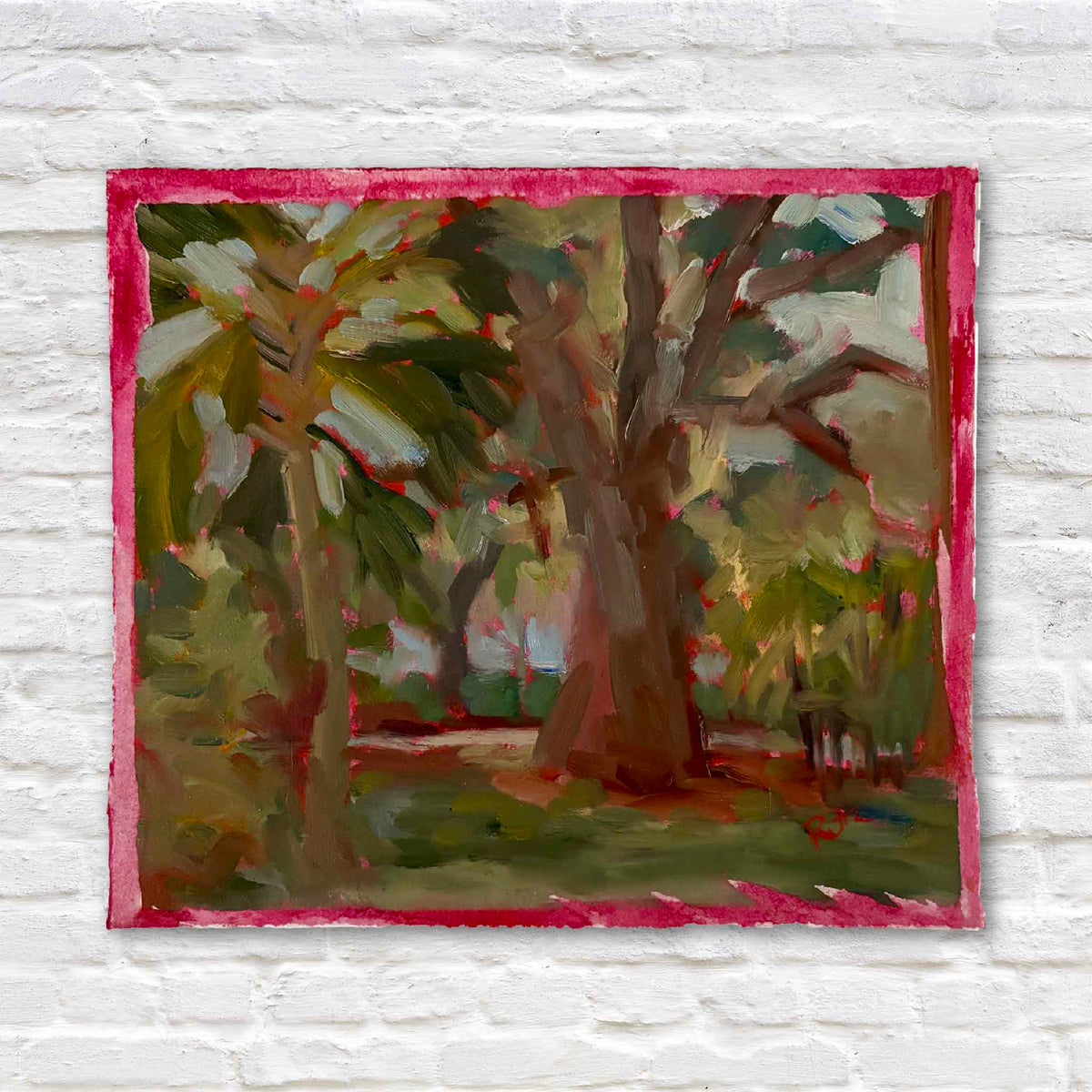 Palmetto and Oak #221 original oil on paper by local artist Retta Dotterer featuring a Lowcountry live oak and palmetto in layered greens, browns and pink with a hand-painted coral border at Gray Man Gallery in Pawleys Island, South Carolina.