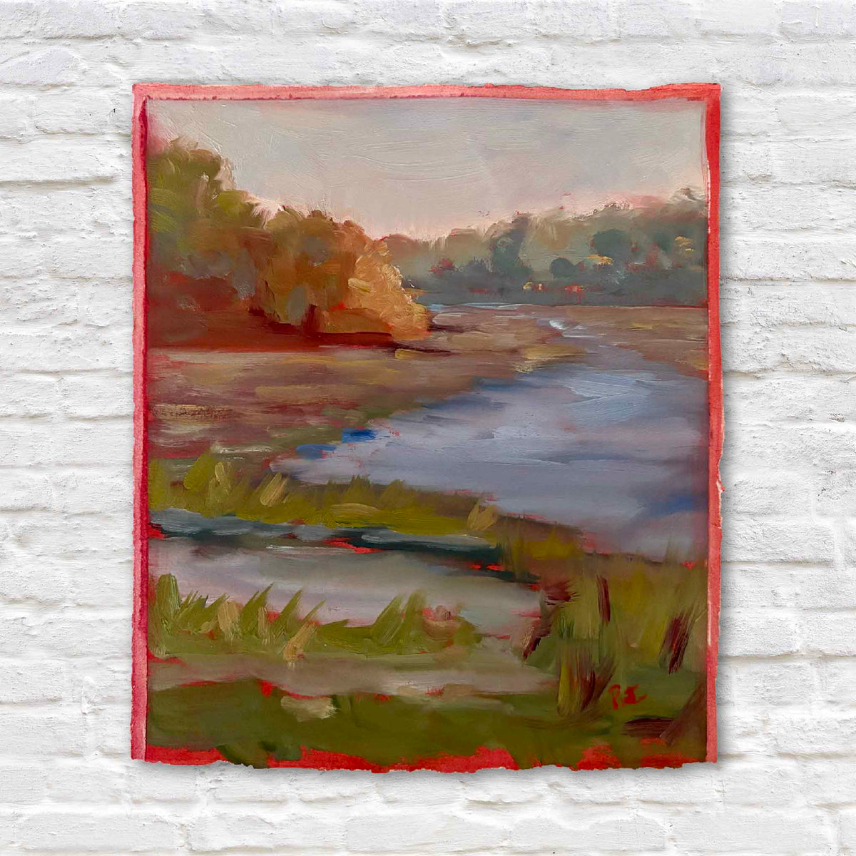 Shem Creek #216 original oil on paper by local artist Retta Dotterer featuring a winding Lowcountry waterway, marsh grasses and expressive coral-edged paper, available at Gray Man Gallery in Pawleys Island, South Carolina.