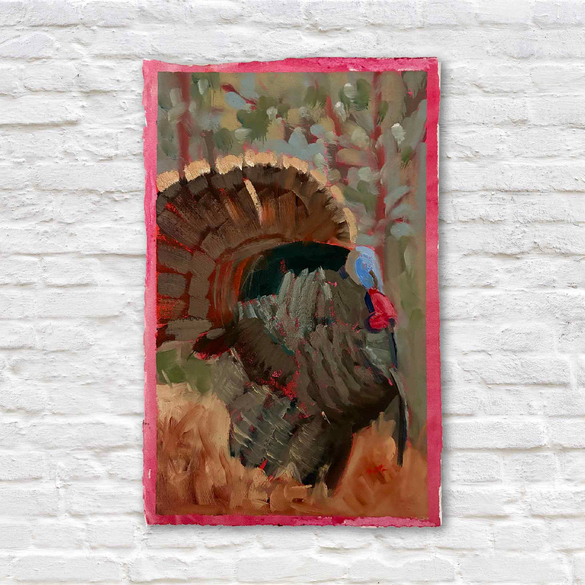 Turkey Solo #210 original oil on paper by local artist Retta Dotterer featuring a Southern wild turkey with fanned tail feathers, blue and red head, and expressive pink-edged paper, available at Gray Man Gallery in Pawleys Island, South Carolina.