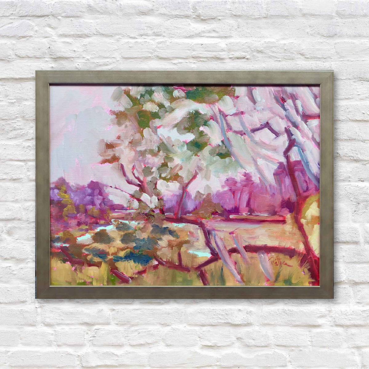 Warm Afternoon #201 original oil painting by local artist Retta Dotterer featuring expressive Lowcountry live oaks in pink, lavender, green and golden tones, framed and available at Gray Man Gallery in Pawleys Island, South Carolina.