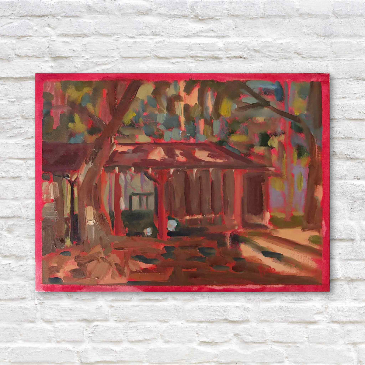 Yawkey Shed #205 original oil on paper by local artist Retta Dotterer featuring a rustic shed beneath trees in expressive earth tones and coral red, available at Gray Man Gallery in Pawleys Island, South Carolina.