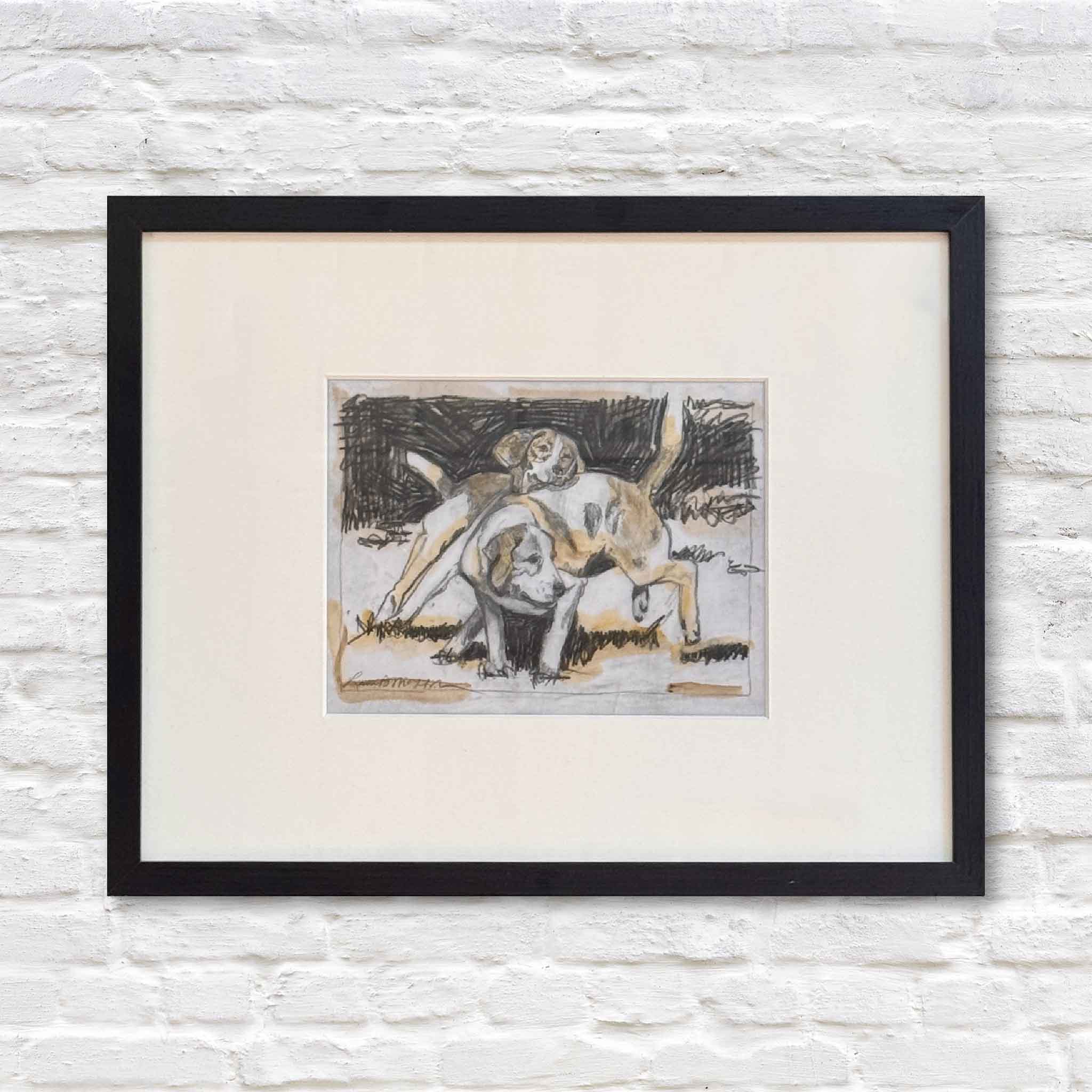 Original monoprint by local artist Laurie McIntosh titled Roughhousing, featuring two dogs playfully wrestling, professionally framed and photographed at Gray Man Gallery in Pawleys Island, South Carolina.