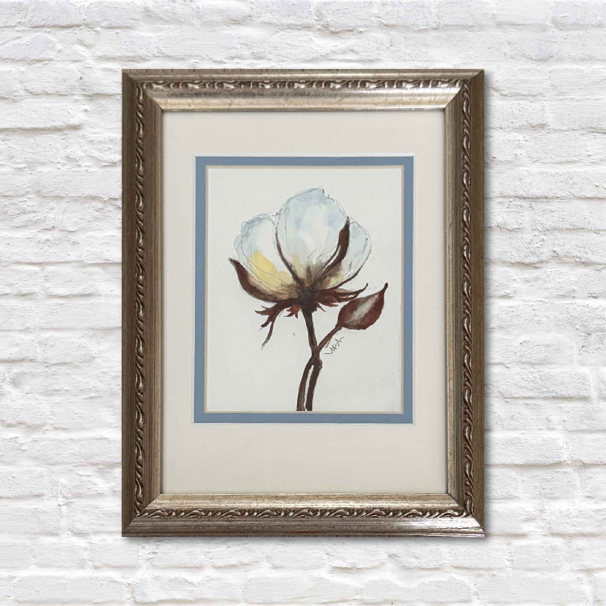 Southern Comfort original cotton bloom watercolor painting by Pawleys Island local artist Vida Miller, double-matted and framed artwork available at Gray Man Gallery in Pawleys Island South Carolina