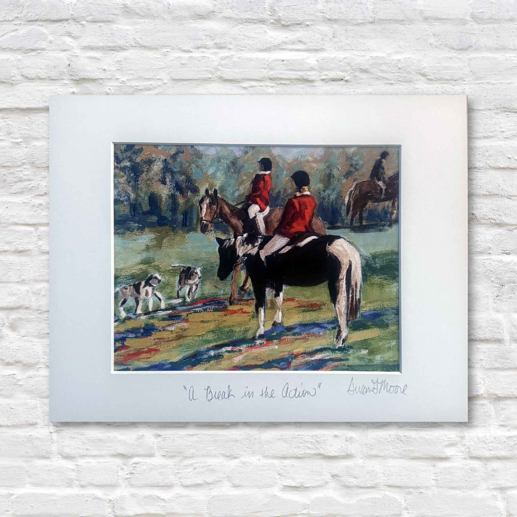Fine art giclée print A Break in the Action by local artist Susan Moore showing mounted horse riders and hunting hounds, available at Gray Man Gallery in Pawleys Island SC