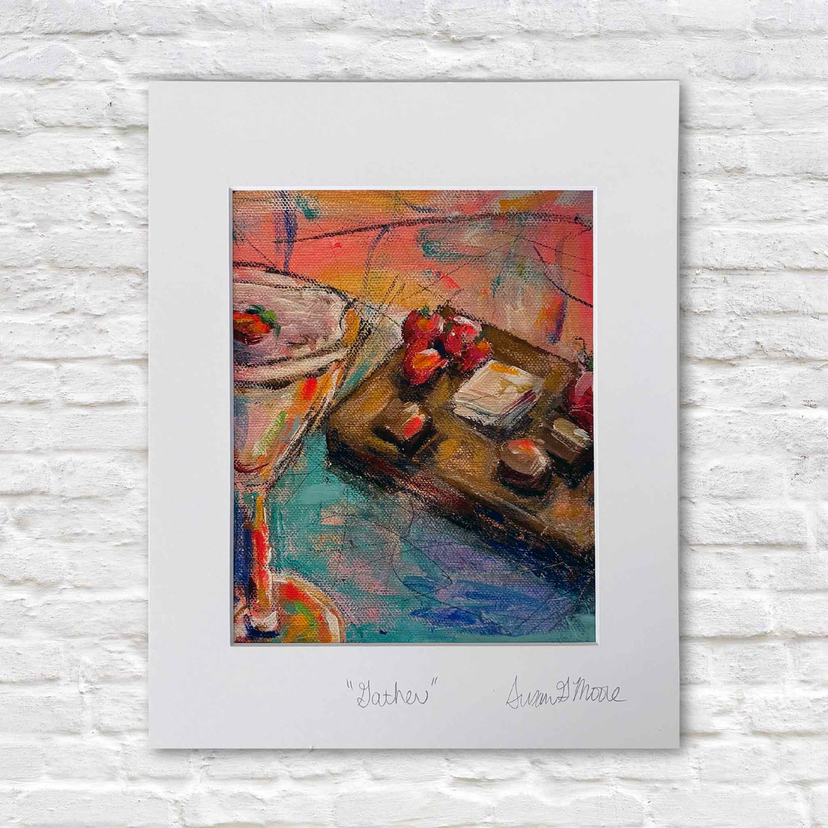 Gather fine art giclée print by Susan Moore, featuring an expressive tabletop still life with plates, glasses and colorful details in coral, turquoise, blue and gold, hand-titled and signed on the mat and available at Gray Man Gallery in Pawleys Island, South Carolina.
