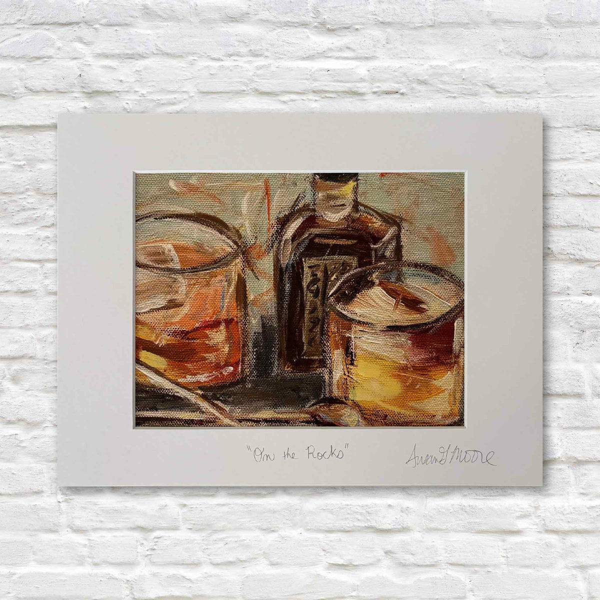 On the Rocks fine art print by Susan Moore featuring a warm still life of whiskey glasses and a bottle in rich amber, gold and brown tones, matted to a standard 11 x 14 size and available at Gray Man Gallery in Pawleys Island, South Carolina.