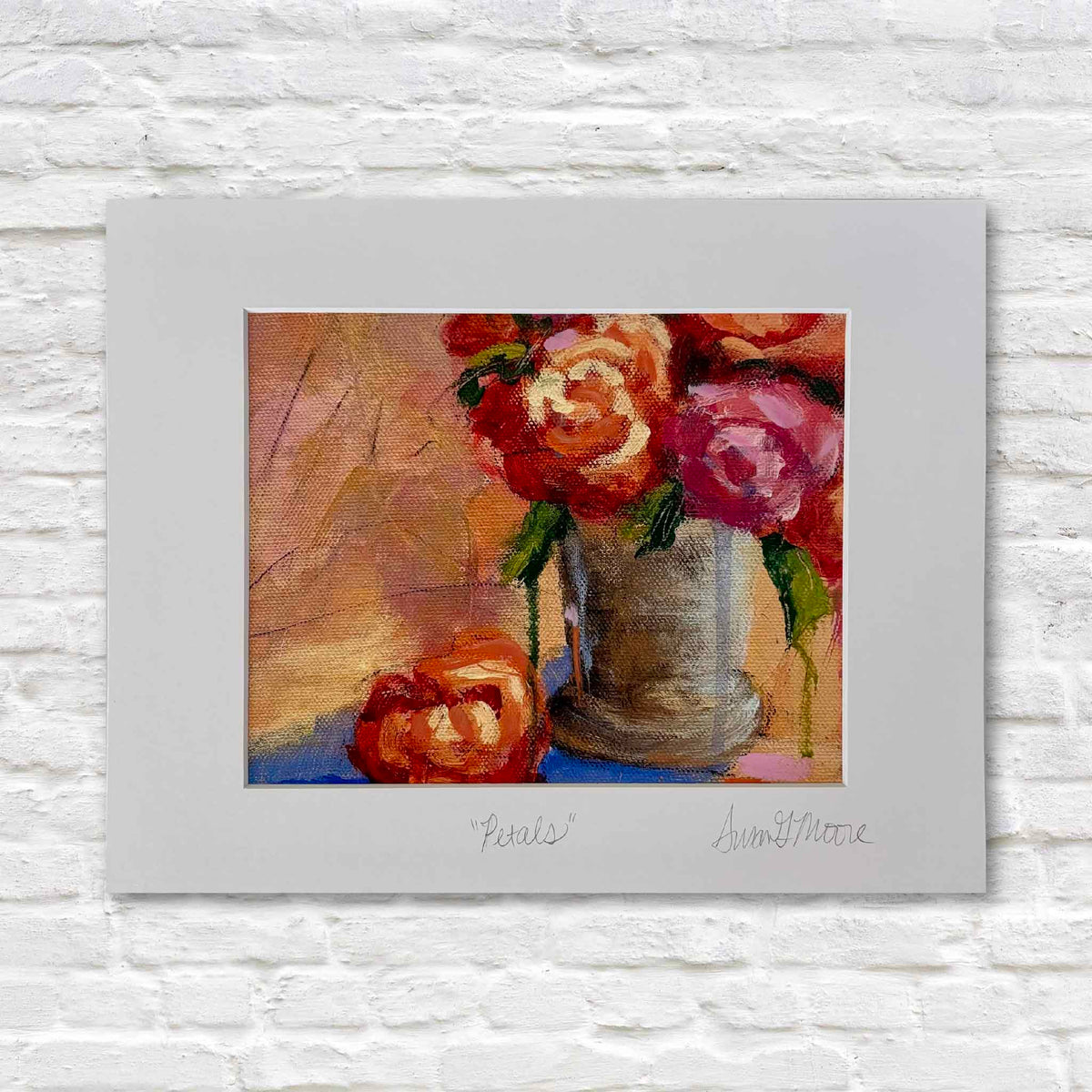 Petals floral fine art giclée print by Susan Moore featuring colorful pink, coral and red roses arranged in a simple vase, professionally matted and personally titled and signed by the artist, available at Gray Man Gallery in Pawleys Island, South Carolina.
