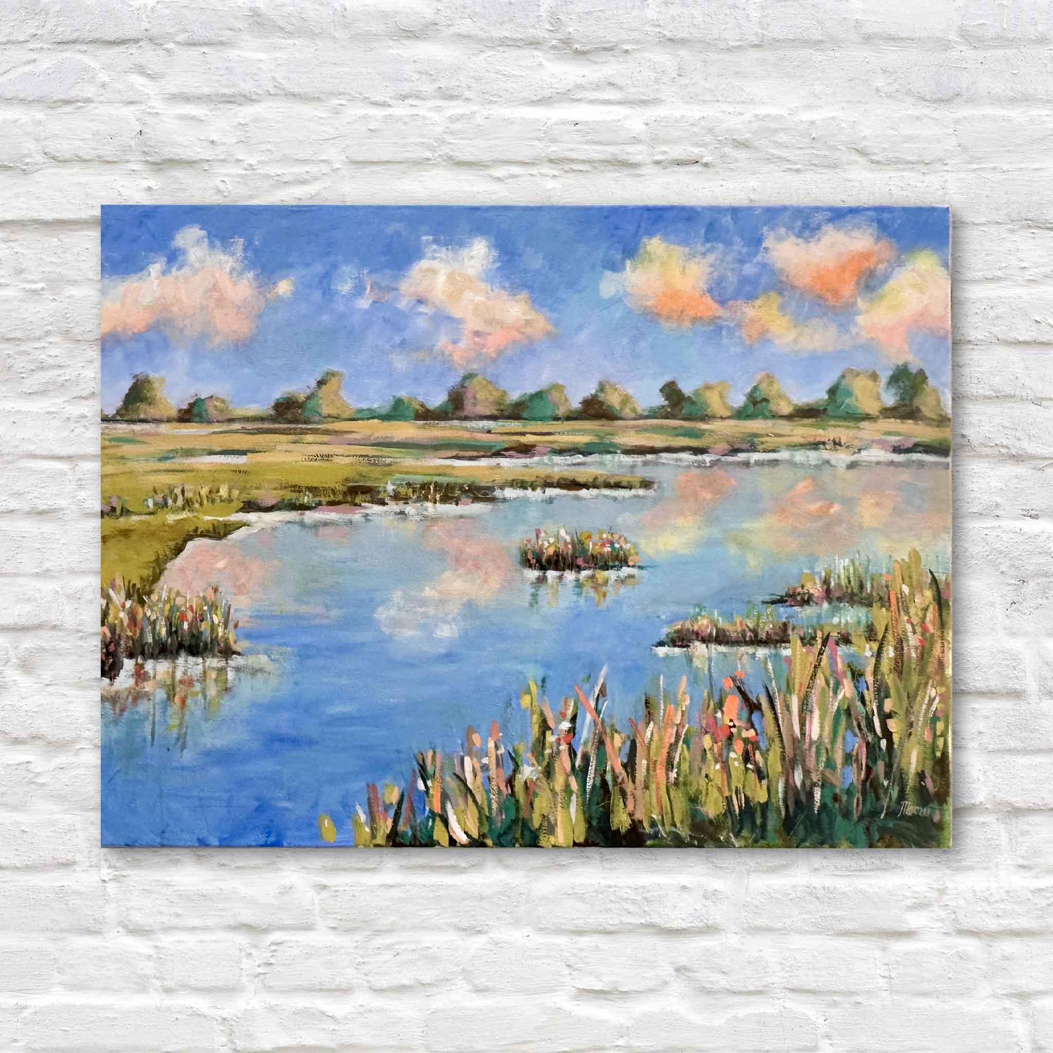 Shabby Chic by Susan Moore, original acrylic painting on gallery-wrapped canvas featuring a colorful Lowcountry marsh landscape with reflective water, pastel clouds, and coastal grasses. Available at Gray Man Gallery in Pawleys Island, South Carolina.