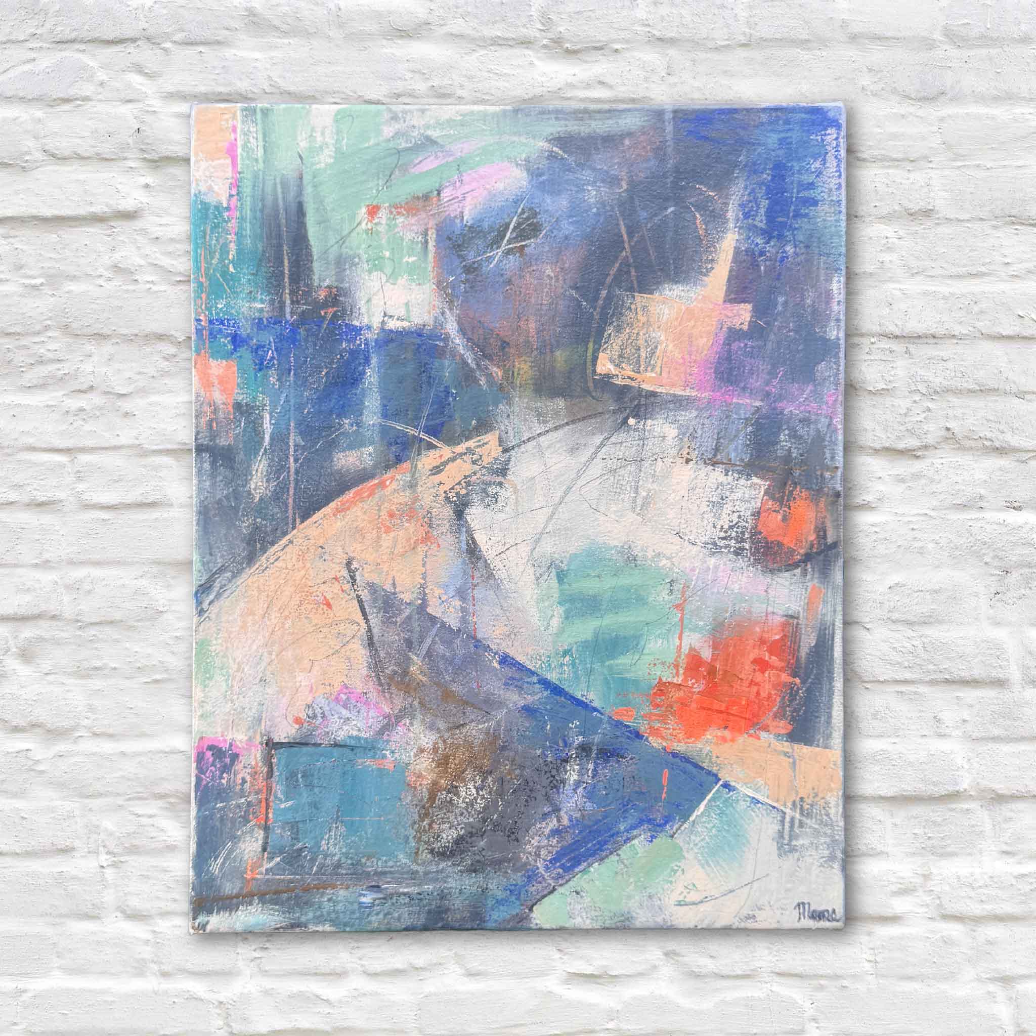 Summer Solstice by Susan Moore original abstract acrylic painting featuring layered blue, aqua, coral, and peach tones with sweeping gestural lines and textured surface at Gray Man Gallery Pawleys Island