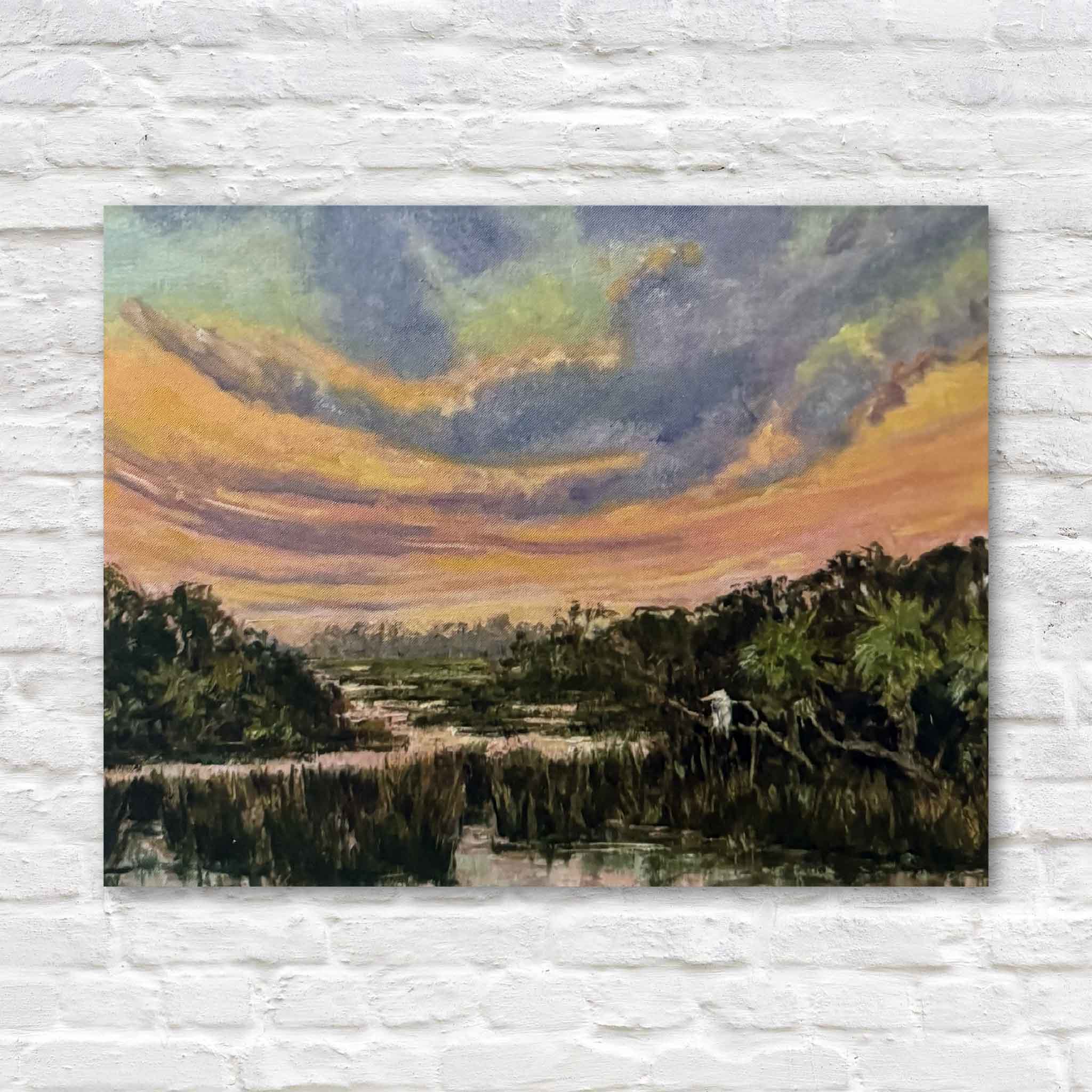 Boxed set of five identical The Day Softens fine art notecards featuring Jeanne O'Neal's original Lowcountry marsh oil painting. Available at Gray Man Gallery in Pawleys Island, South Carolina, each folded card showcases a dramatic sunset sky over winding tidal creeks and includes blank interiors with matching envelopes.