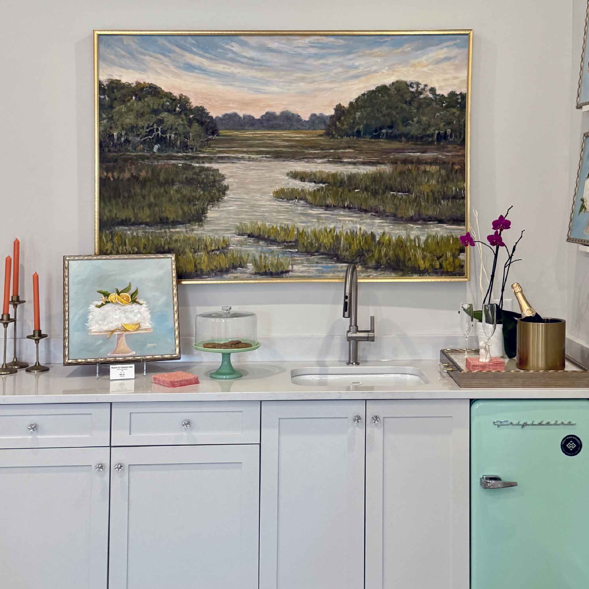 The Way Home by Jeanne O'Neal, an original 60 x 40 oil painting of a peaceful Lowcountry marsh, professionally framed in Jeanne's signature gold floater frame and available at Gray Man Gallery in Pawleys Island, South Carolina.