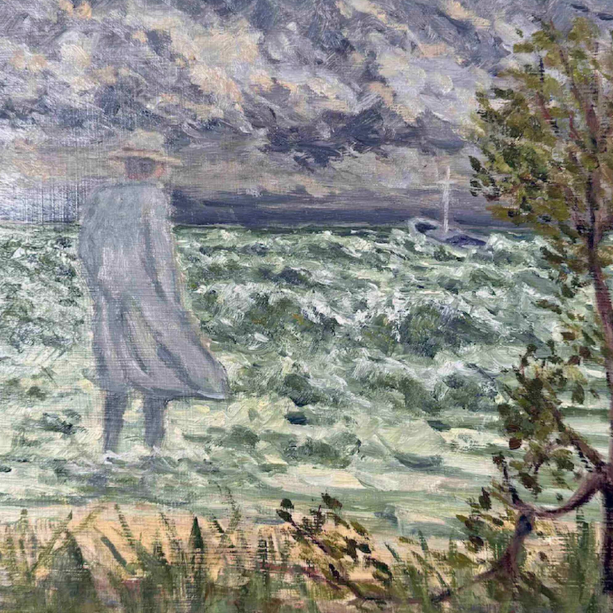 The Gray Man Returns oil painting by Michael Rogan depicting the legendary ghost of Pawleys Island standing by the sea under a stormy sky, framed in gray wood.