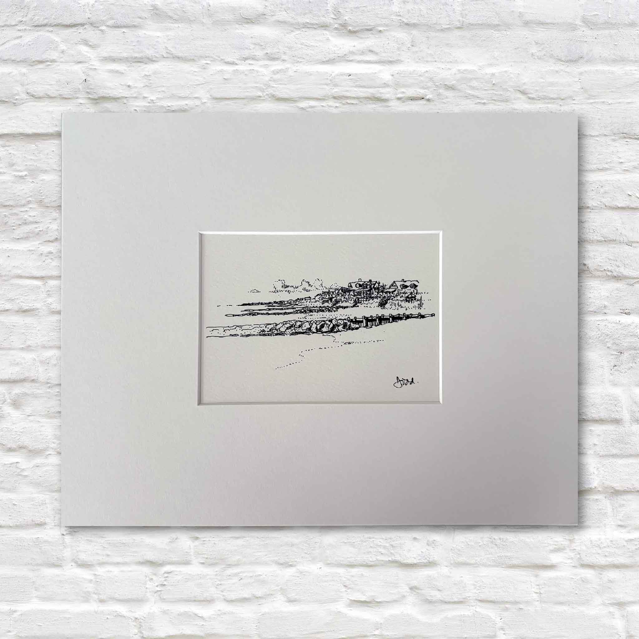 Todd Halamka's Pawleys Island Looking South pen-and-ink print, professionally matted to a standard 11x14 size and available at Gray Man Gallery in Pawleys Island, South Carolina. This detailed illustration captures classic raised Pawleys Island beach houses, sandy paths, and the timeless character of the historic barrier island, ready for any standard 11x14 frame.