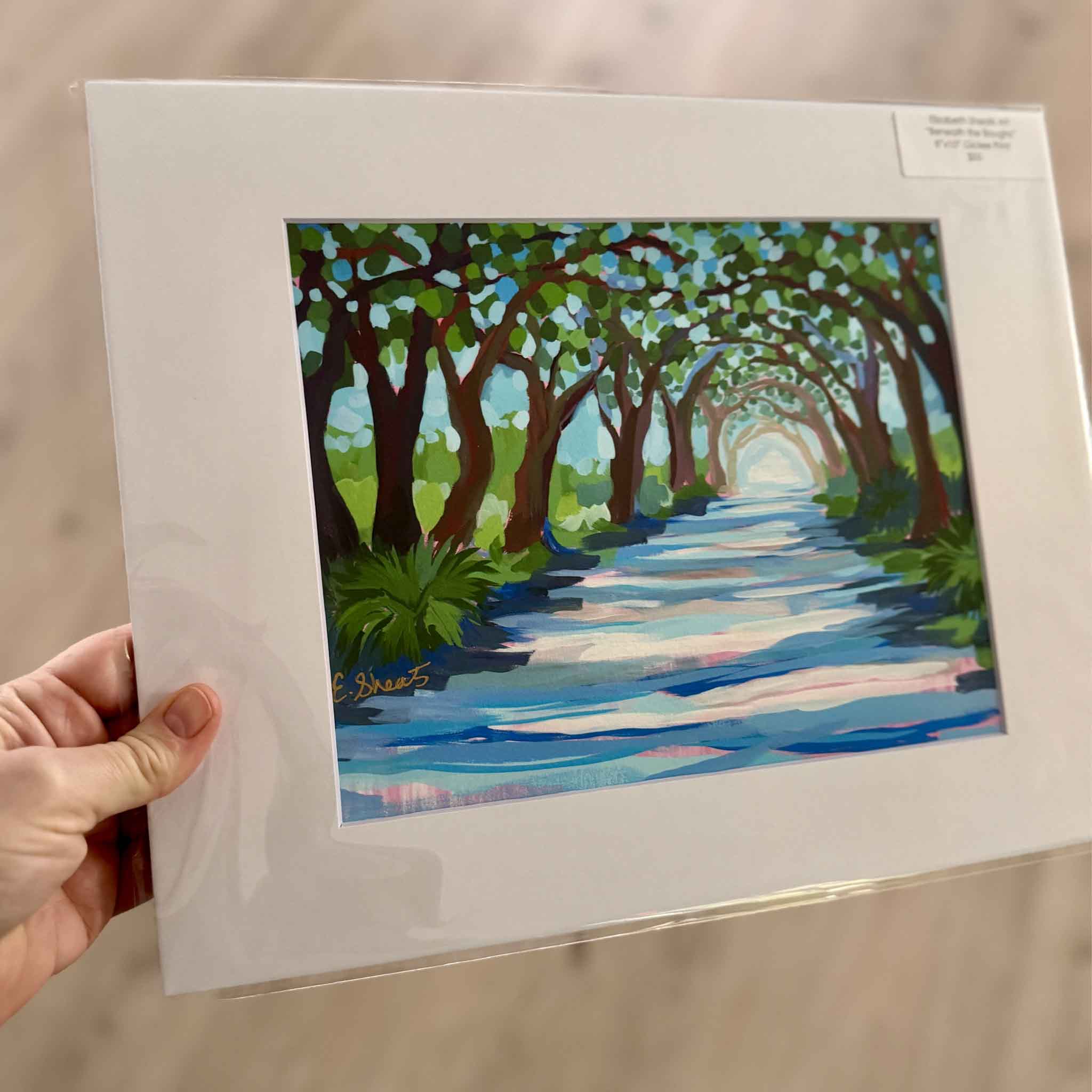 Beneath the Boughs giclée print by Elizabeth Sheats, oak-lined avenue at Litchfield Plantation, Lowcountry landscape art in blues and greens, 11x14 print matted to 16x20, available at Gray Man Galler