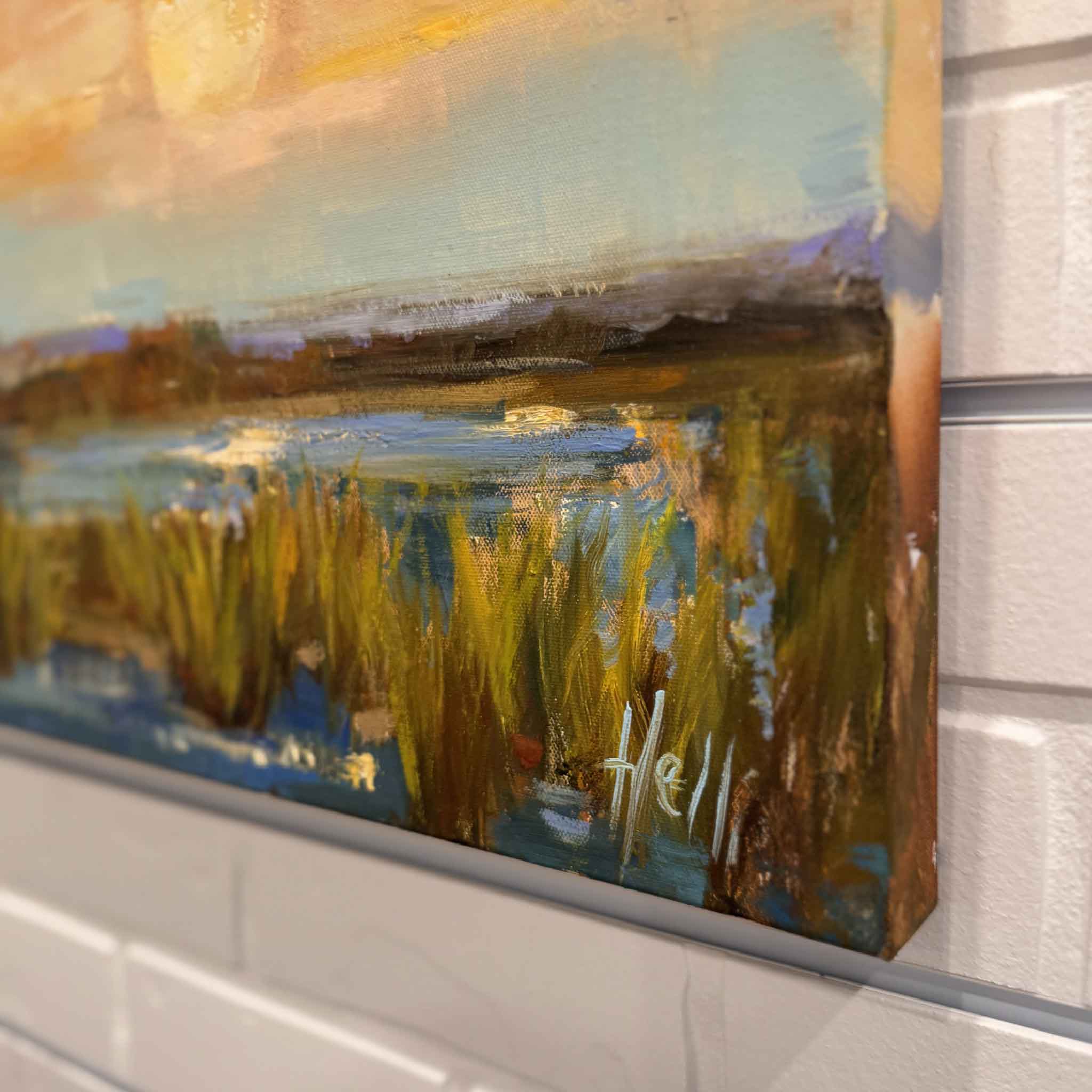 Close-up of Helli Luck’s Twilight Ballet oil painting showing marsh grasses, water reflections, and the artist’s signature
