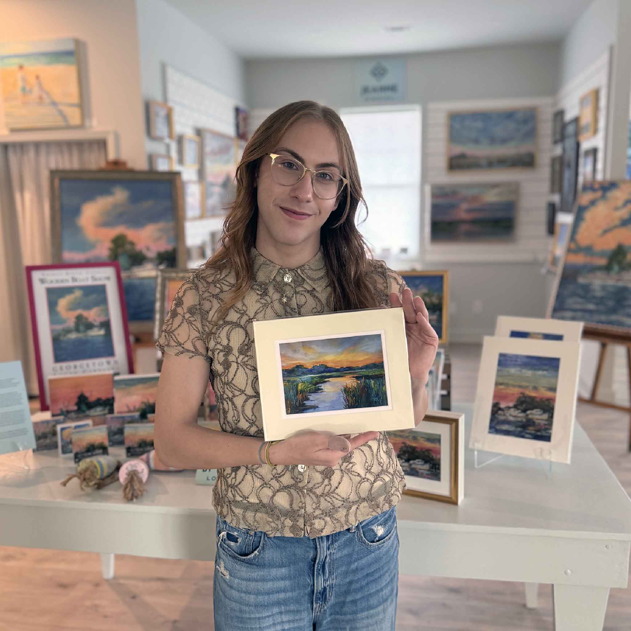 Close-up of Vida Miller’s Marsh #4 showing pastel sunset tones and textured marsh grasses.