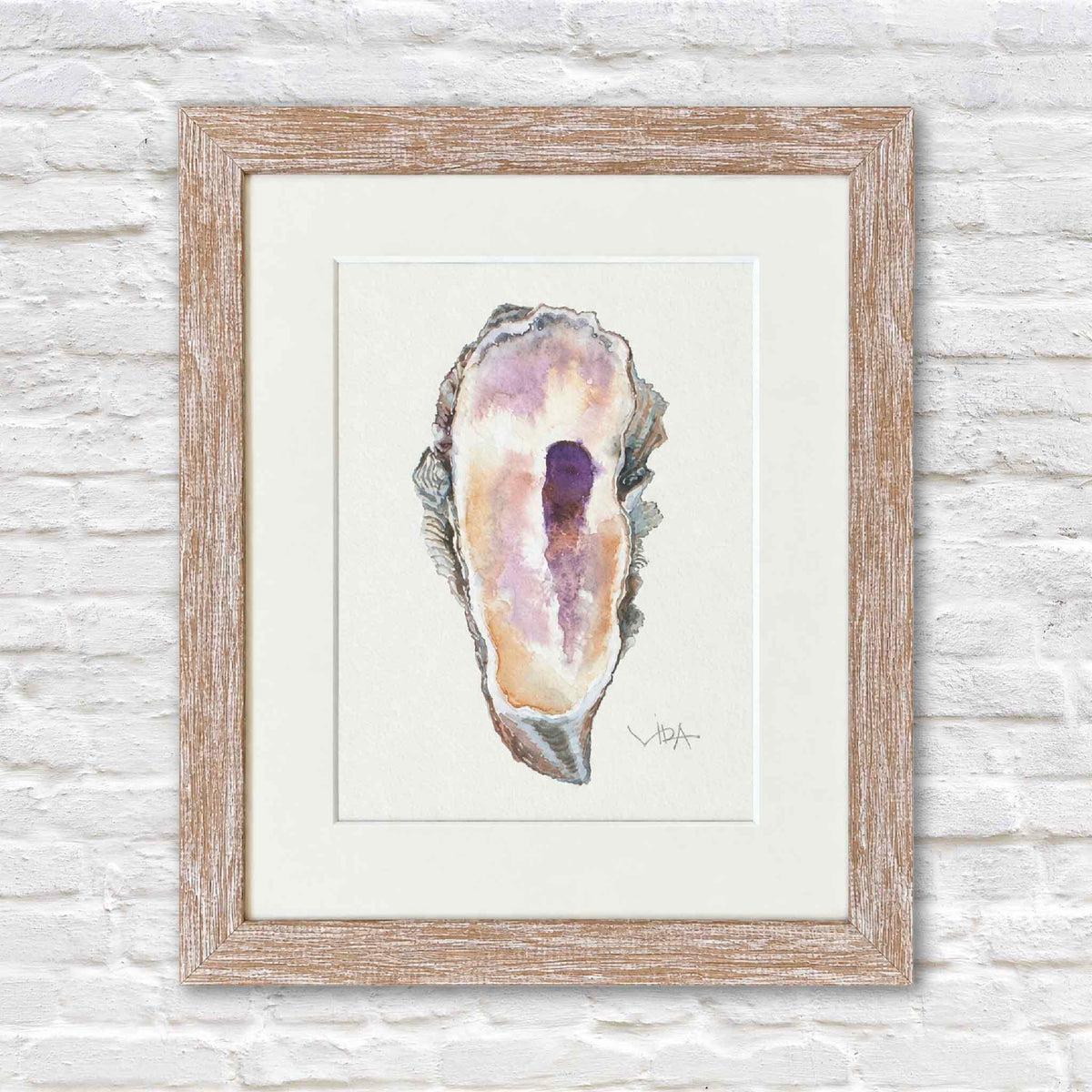 Pawleys Oyster II original watercolor painting of a slender Lowcountry oyster shell by Vida Miller, matted and framed at Gray Man Gallery in Pawleys Island, South Carolina