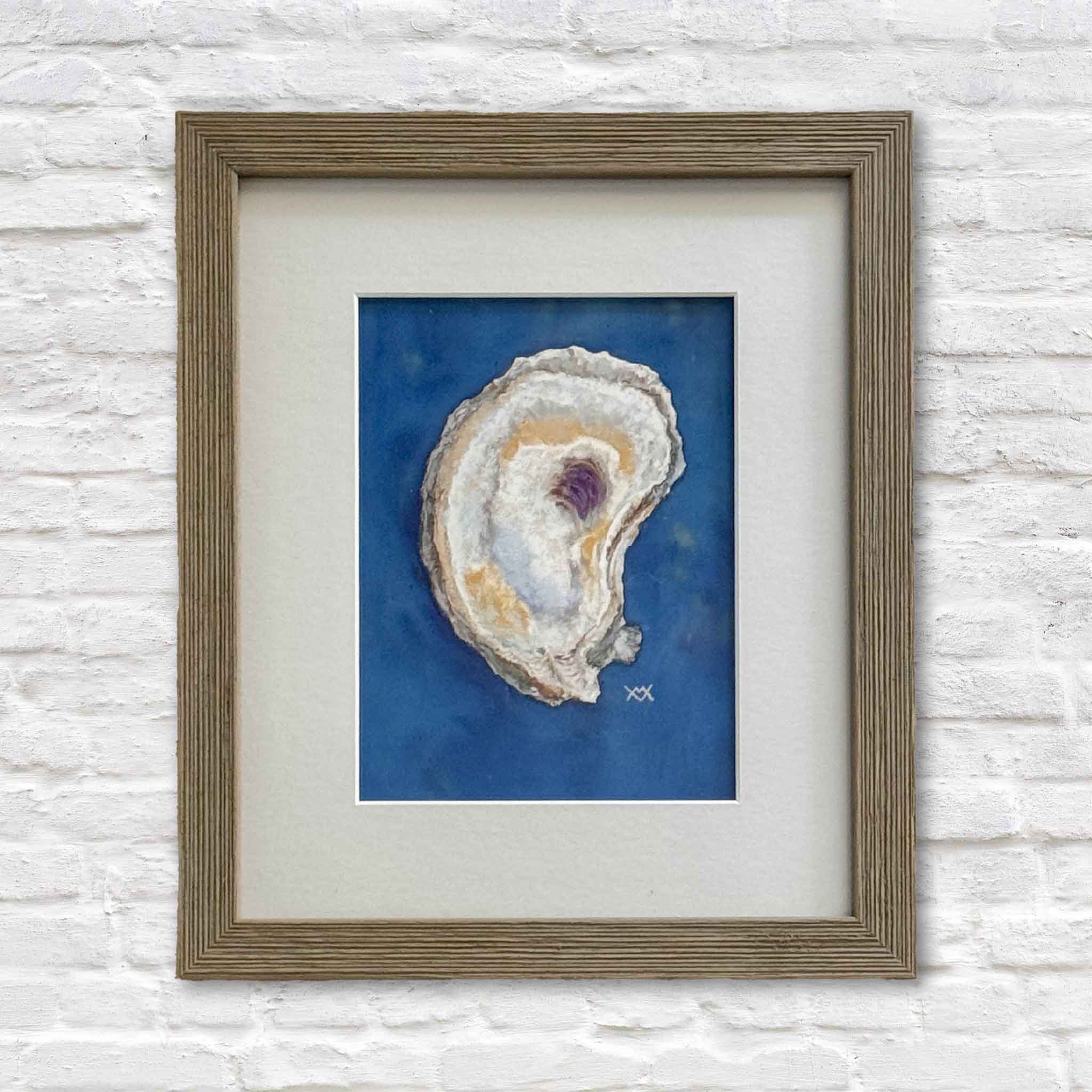 Salt Marsh Muse by Pawleys Island artist Vida Miller, an original oyster shell watercolor and pastel painting featuring luminous coastal colors and a rich blue background, professionally framed and available at Gray Man Gallery in Pawleys Island, South Carolina.