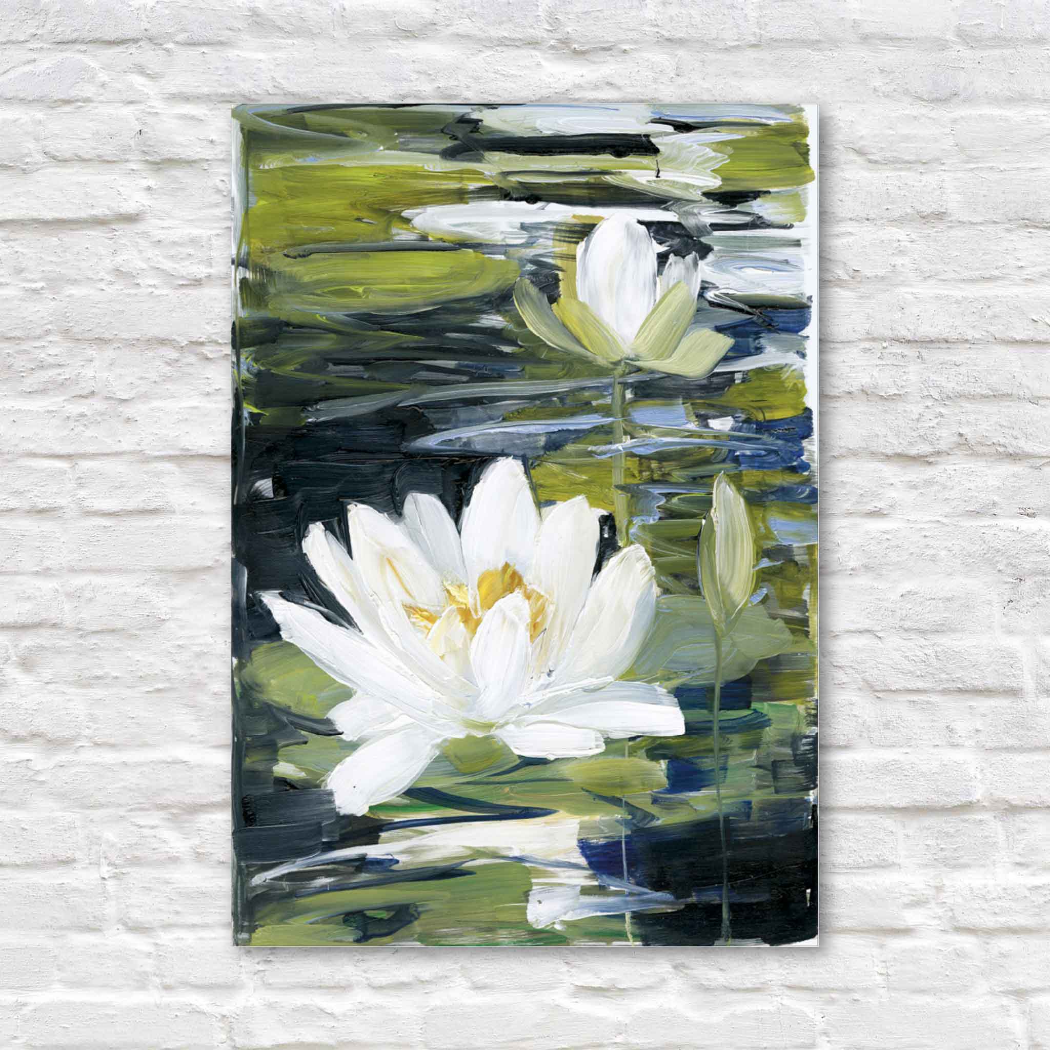 Water Lilies sympathy greeting card by Sally Swatland published by Caspari featuring elegant white water lilies floating on a peaceful pond in shades of green and blue. Premium folded condolence card printed on heavyweight cardstock with coordinating white envelope, available at Gray Man Gallery in Pawleys Island, South Carolina.